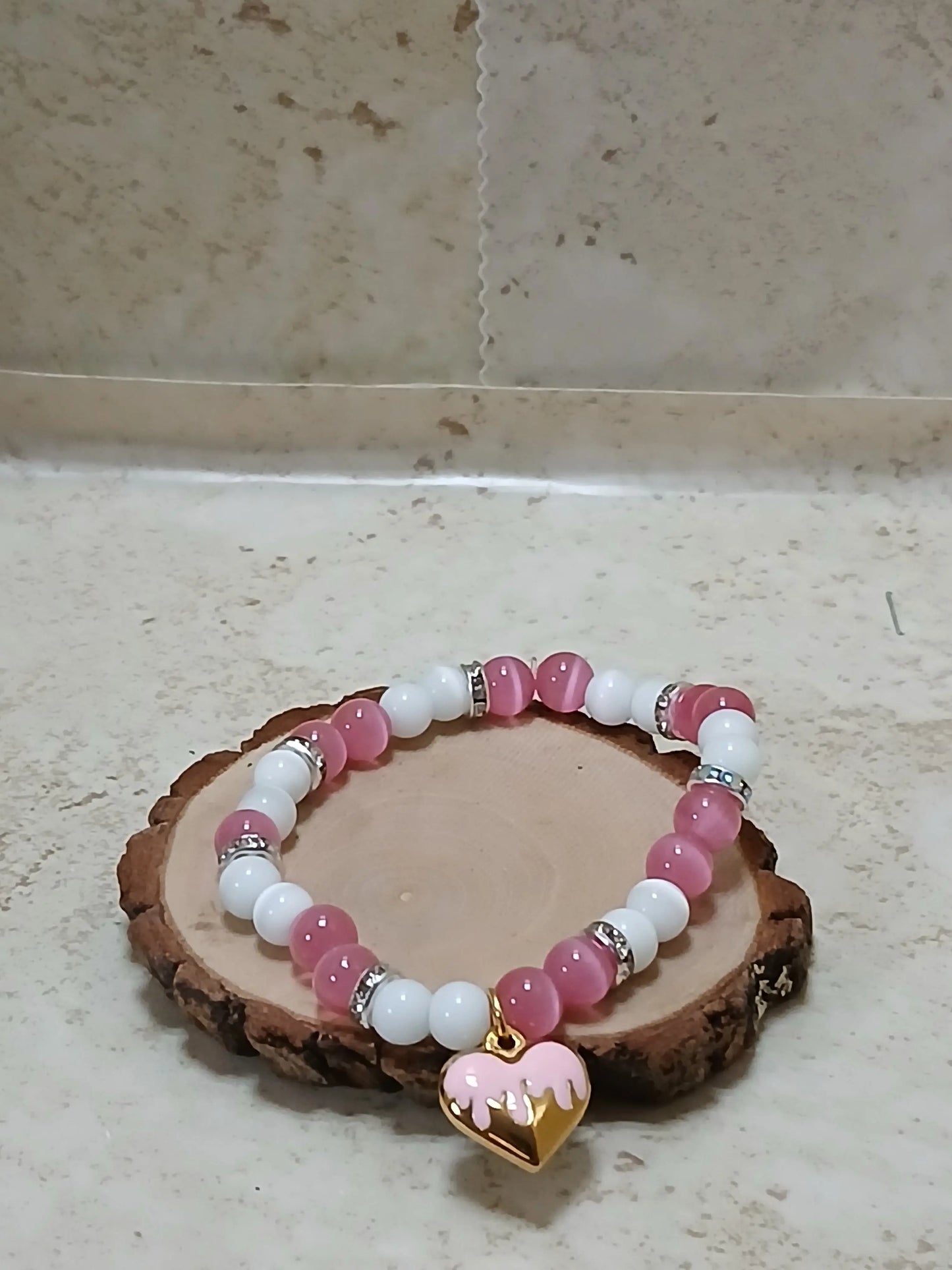 White and pink beaded stretchy bracelet with a gold and pink heart charm - Crazy Cat Lady Crafts