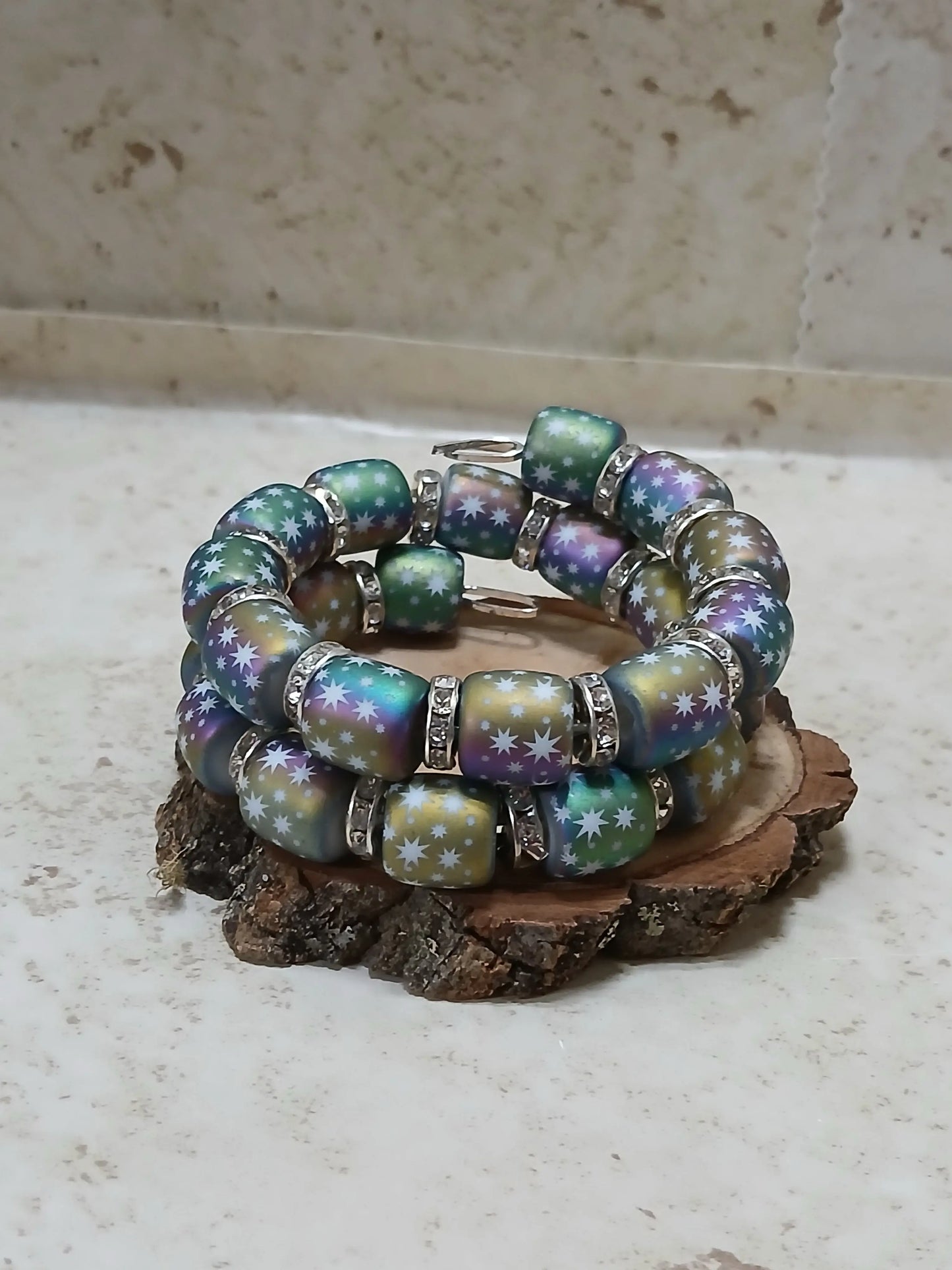 Double memory bracelet in shades of greens blues and purples with white stars - Crazy Cat Lady Crafts