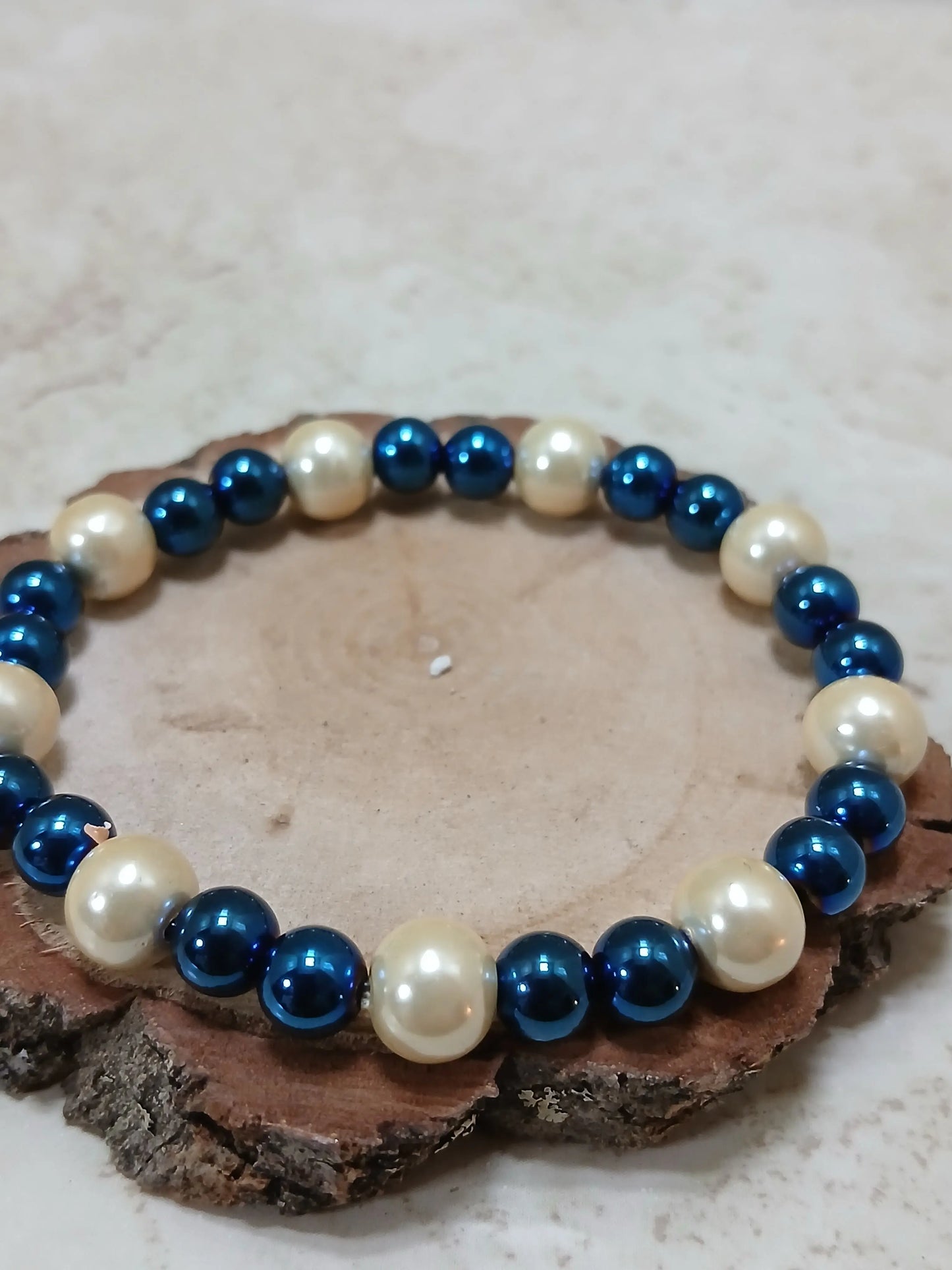 Magnetic stretchy bracelet in metallic blue and pearl white - Crazy Cat Lady Crafts