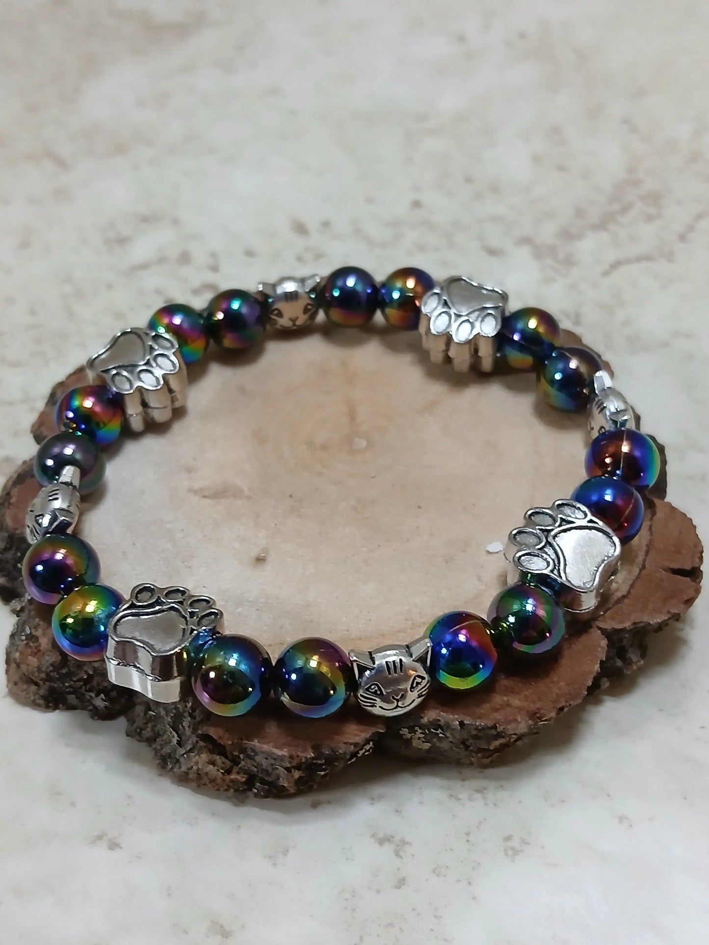 Black iridescent beads with silver paw print beads stretchy bracelet - Crazy Cat Lady Crafts