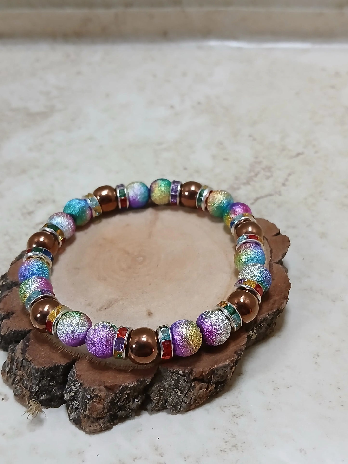 Bronze hematite and peacock colored beads with rhinestone spacers stretchy bracket - Crazy Cat Lady Crafts