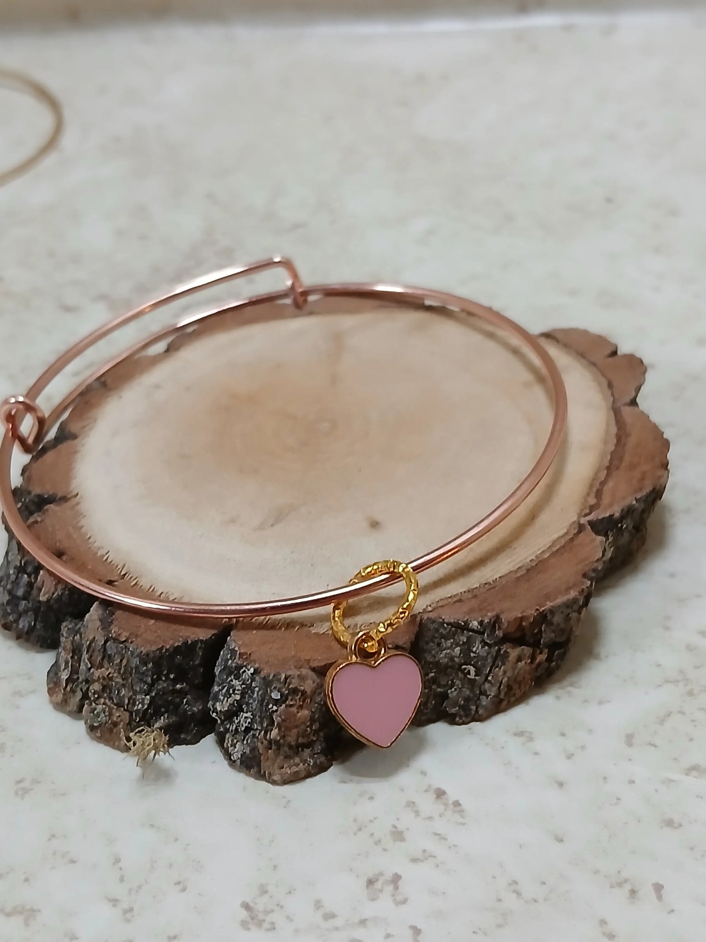 Rose gold adjustable bangle bracelet with pink heart charm - Crazy Cat Lady Crafts