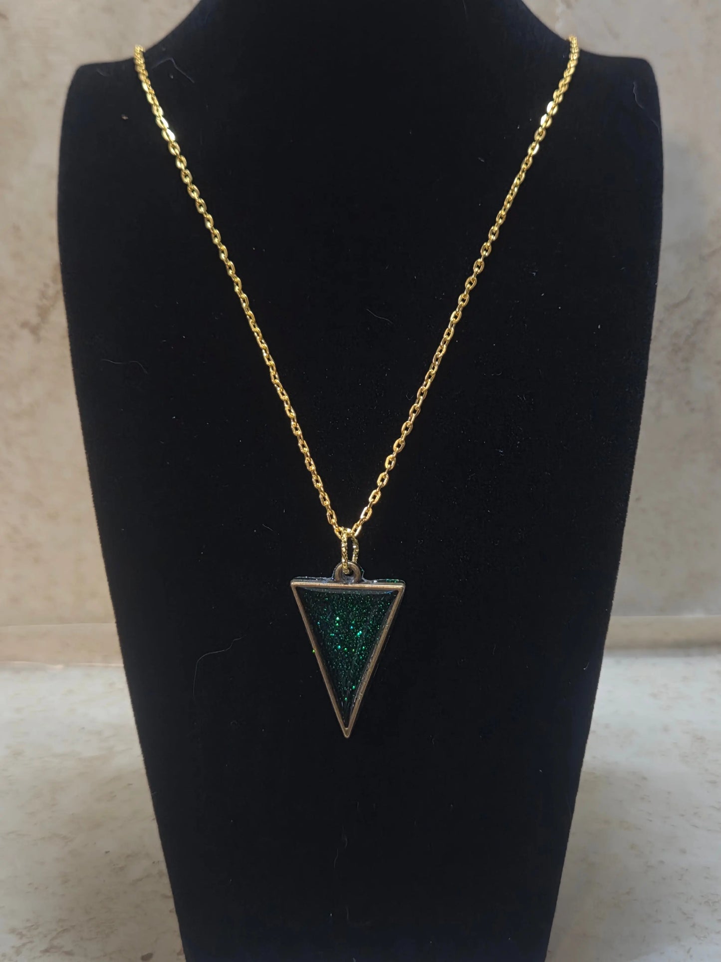 Green sparkly resin triangle pendant necklace - Crazy Cat Lady Crafts