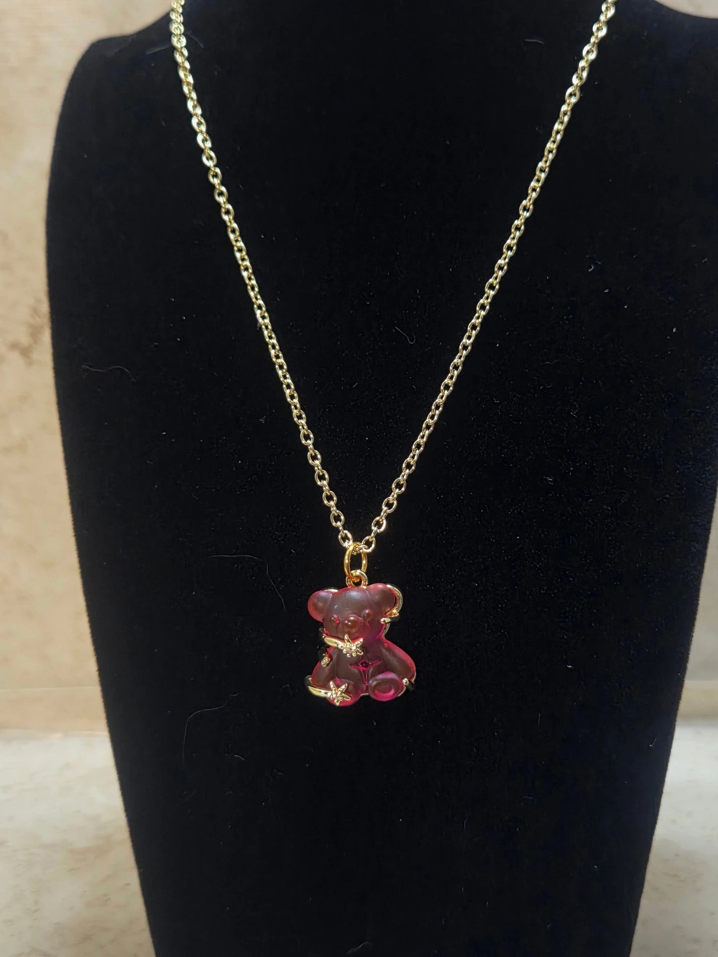 Pink and gold teddy bear pendant necklace - Crazy Cat Lady Crafts