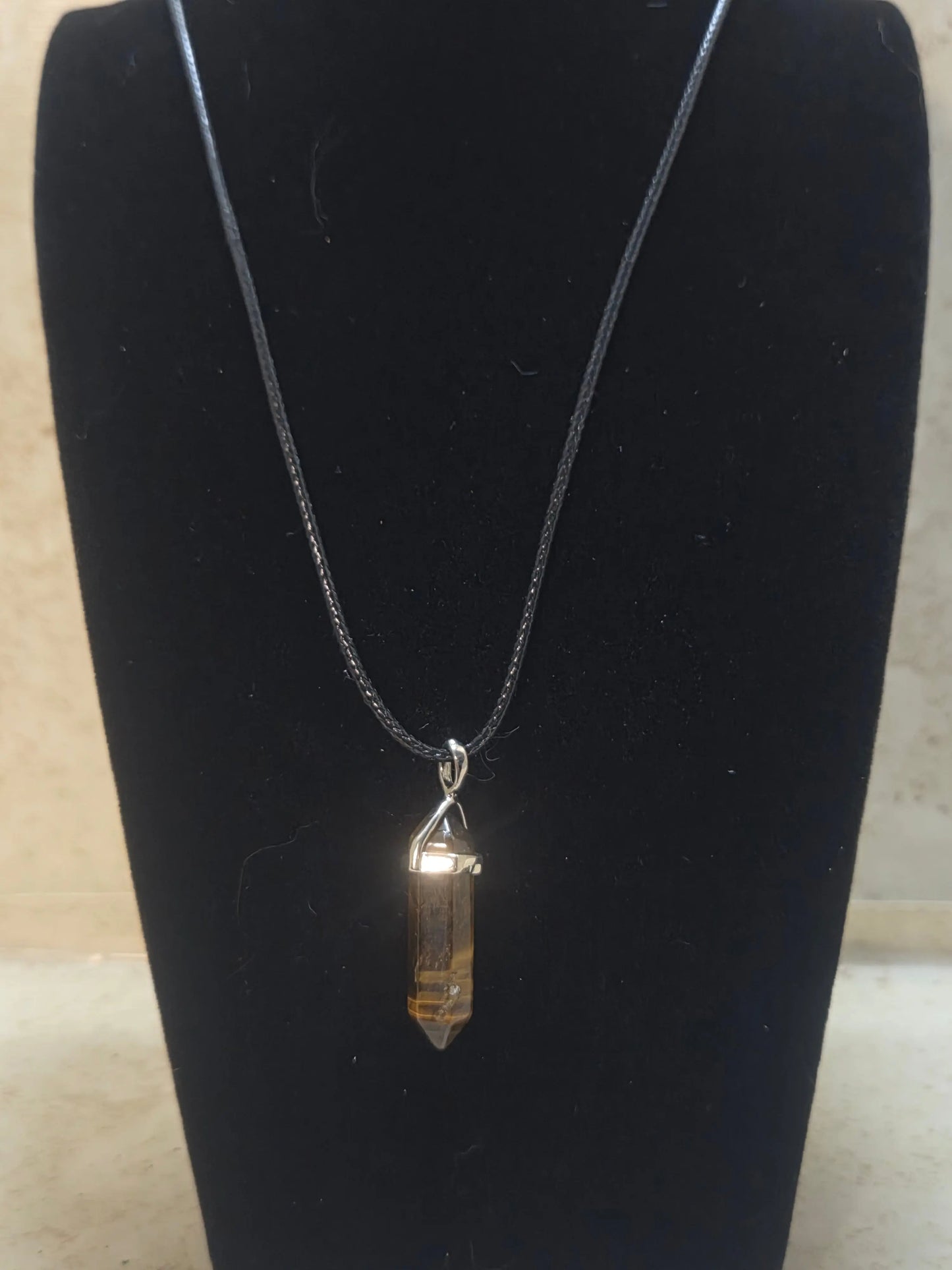 Brown tiger eye hexagonal point on a adjustable black cord pendant necklace - Crazy Cat Lady Crafts