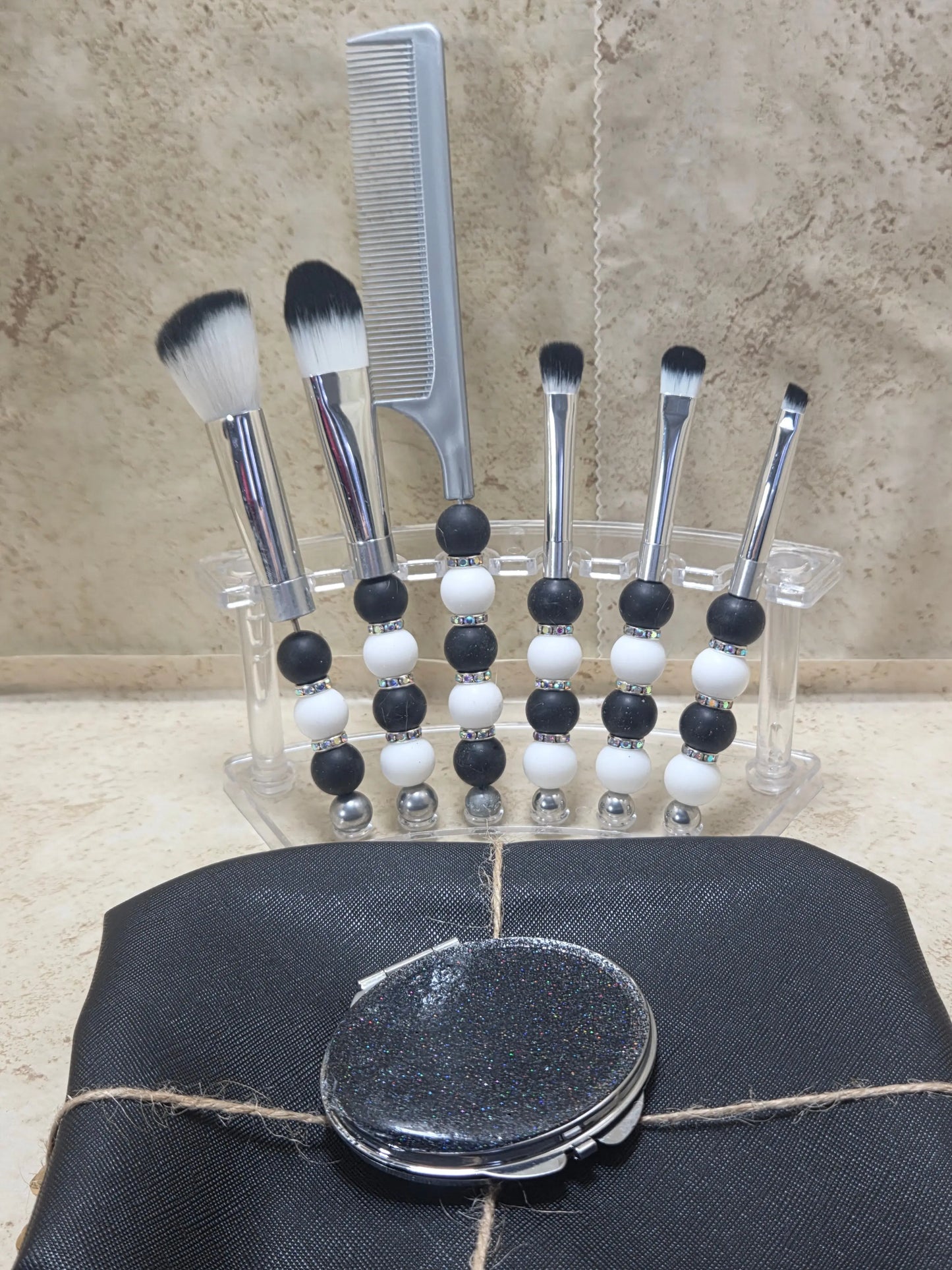 Black silver and white beaded makeup brush set - Crazy Cat Lady Crafts