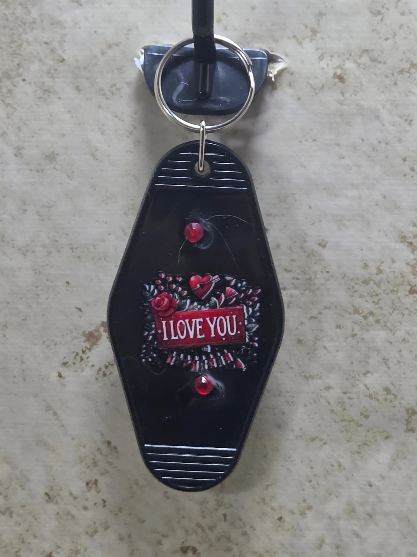 Black and red plastic hotel key chain that says I love you - Crazy Cat Lady Crafts