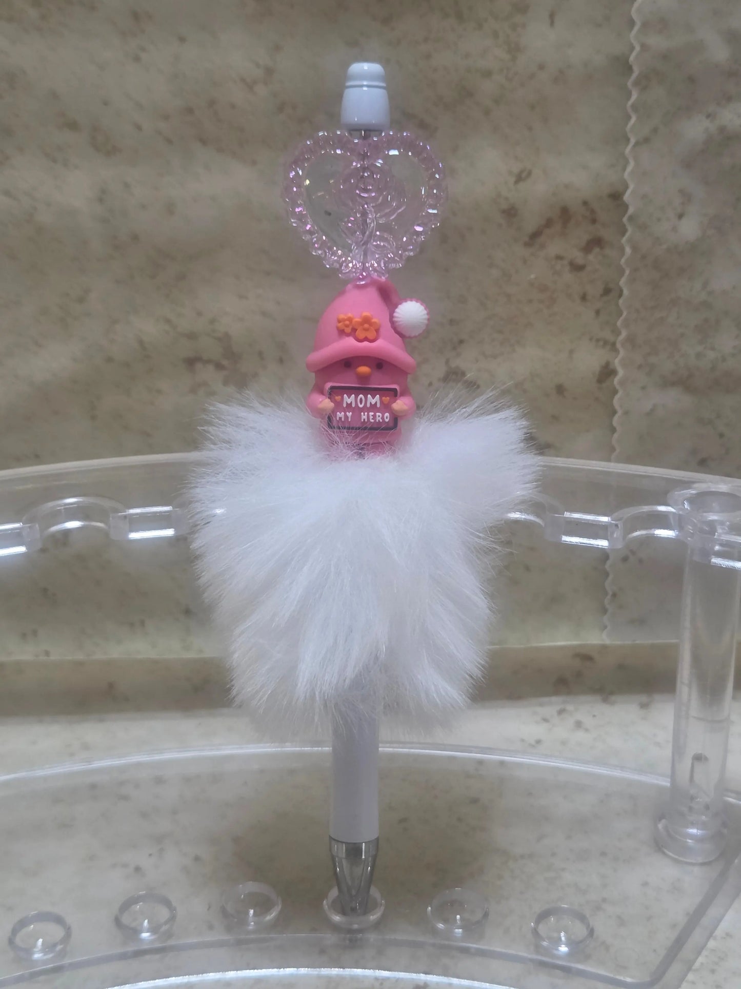 White furry and pink gnome Mothers day pen - Crazy Cat Lady Crafts