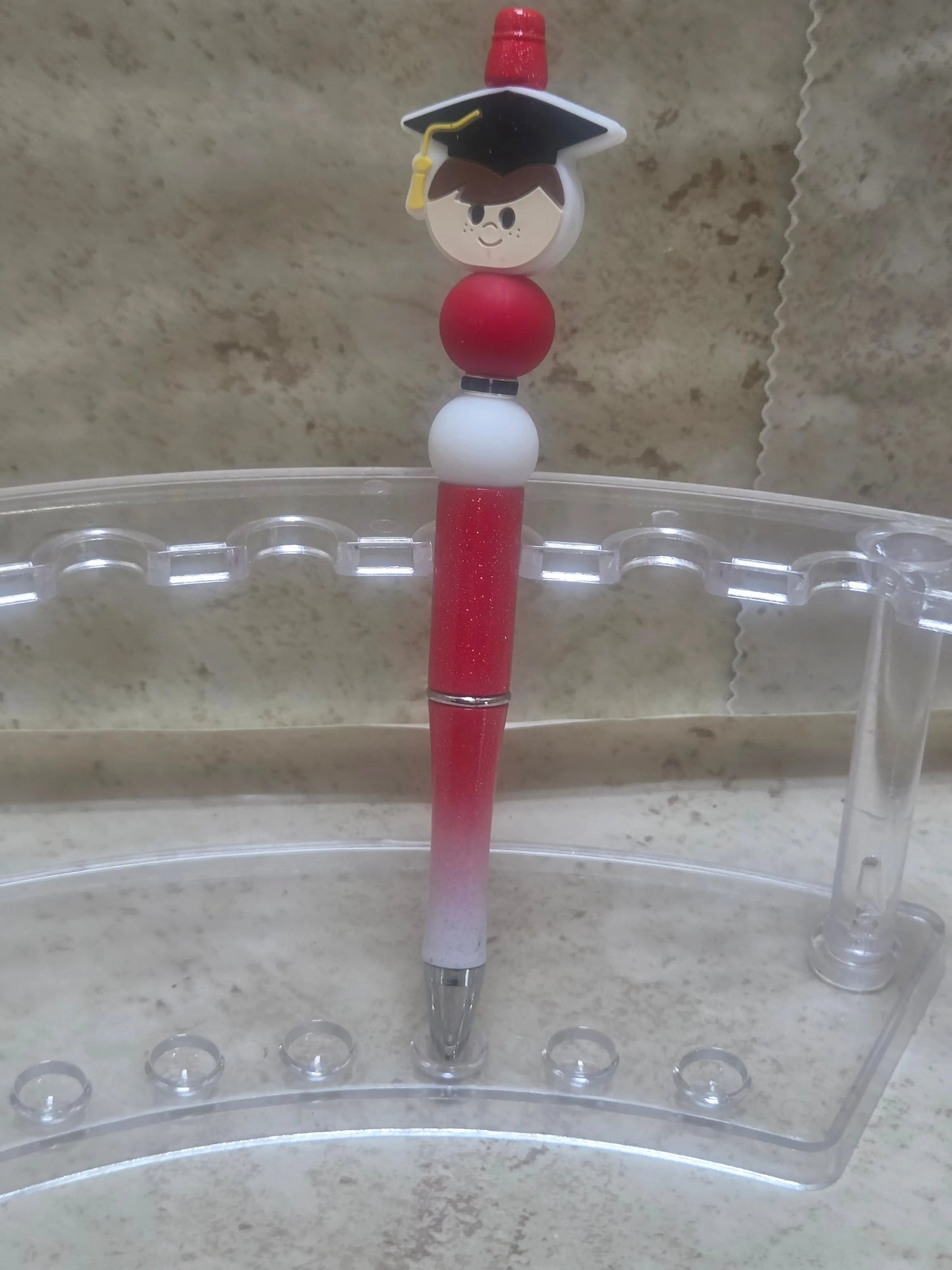 Sparkly red and white ombre barreled pen with red and white silicone beads and a boy graduation pen - Crazy Cat Lady Crafts