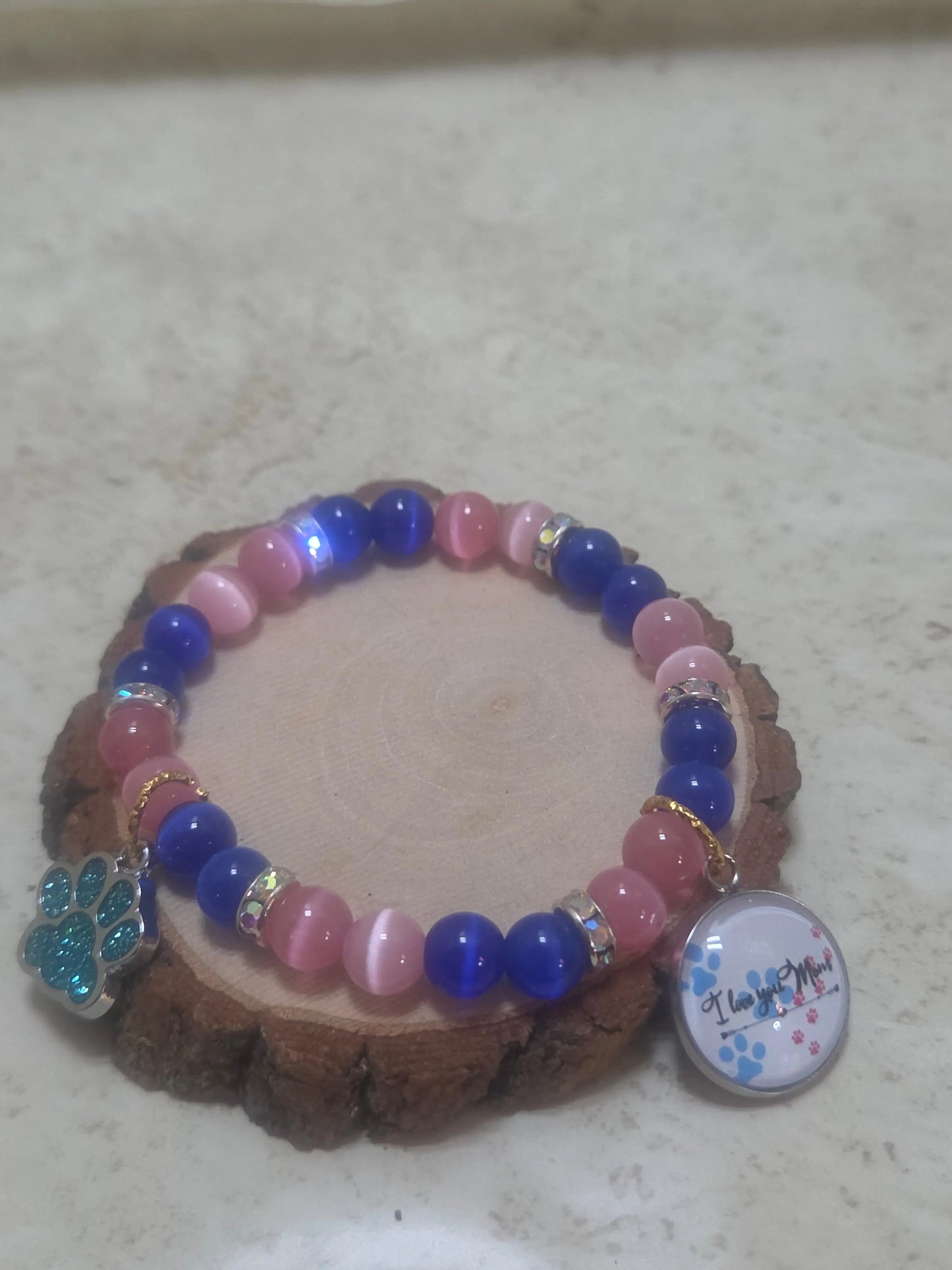 Fur baby mom mothers day bracelet in pin and blue and has 2 charms stretchy bracelet - Crazy Cat Lady Crafts