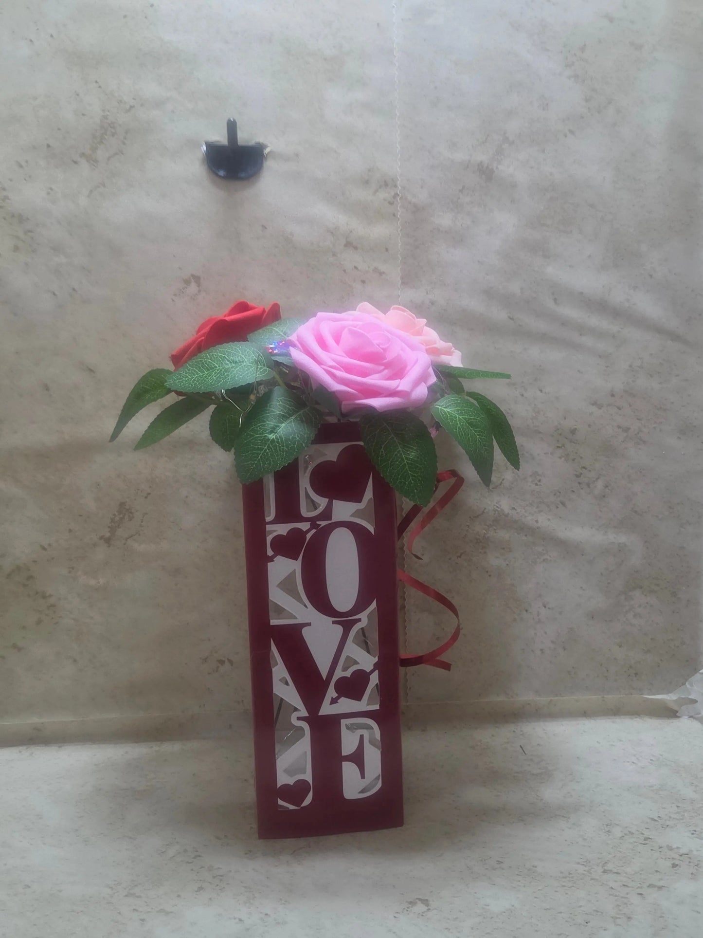 Red and white light up love vase with 3 foam roses - Crazy Cat Lady Crafts