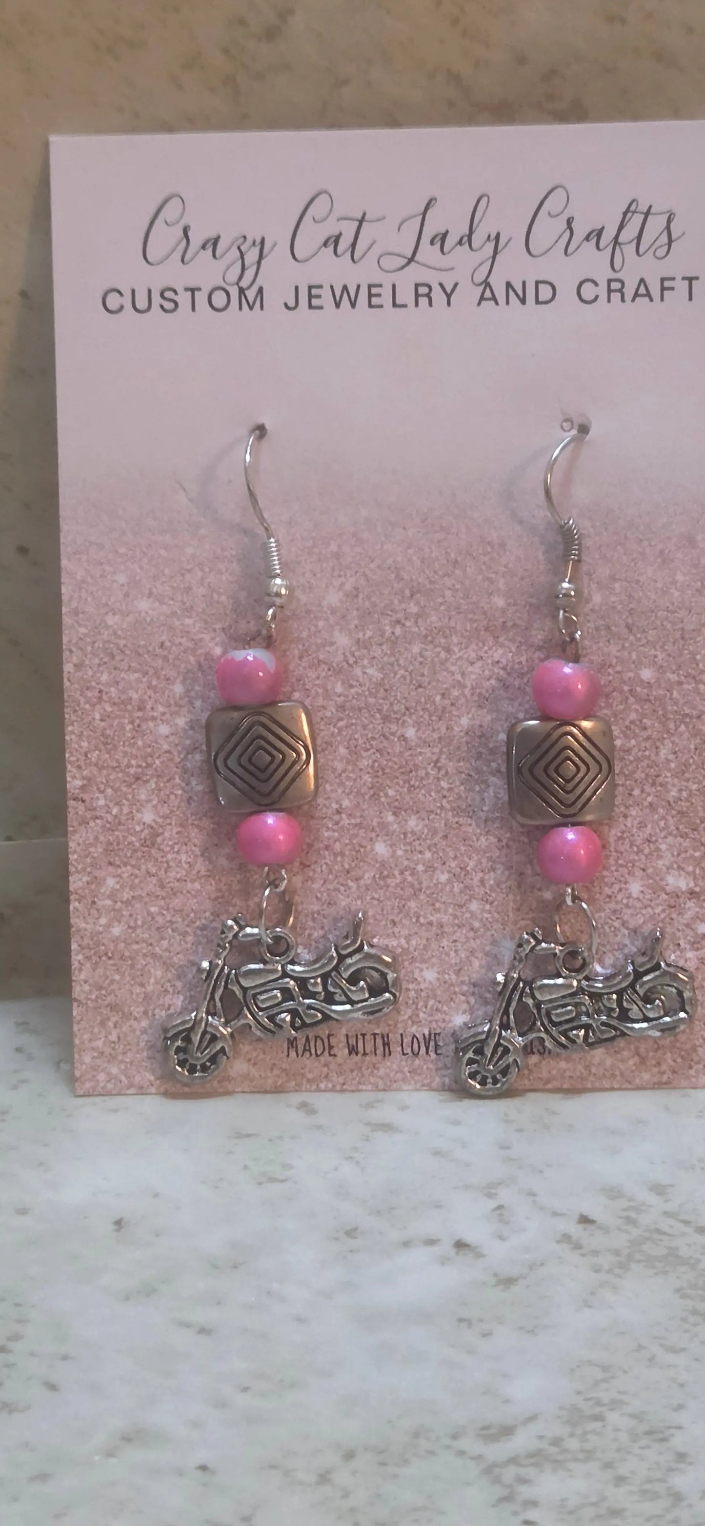 Silver square beads with 2 small pink beaded and motorcycle charm hanging earrings - Crazy Cat Lady Crafts