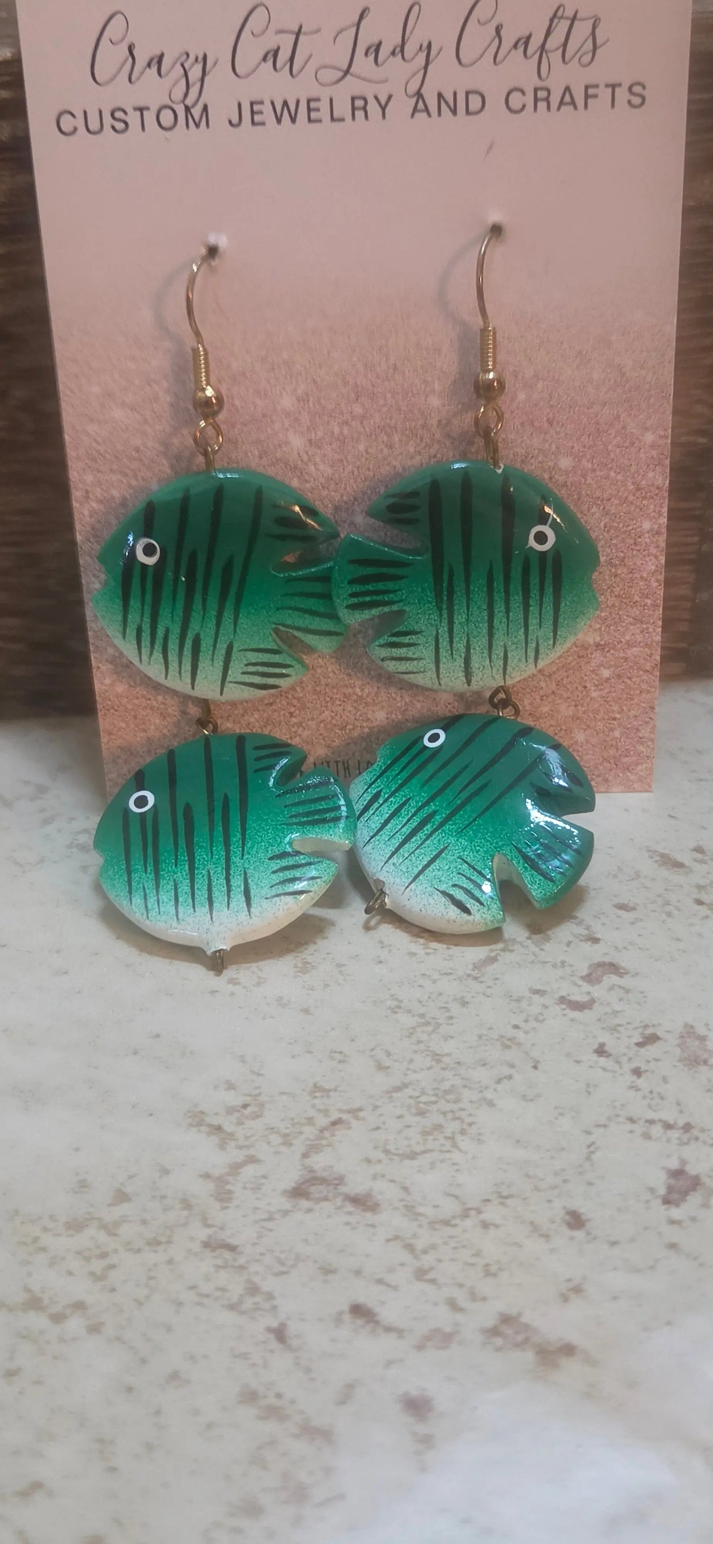 Green and black striped fish that are double long earrings - Crazy Cat Lady Crafts