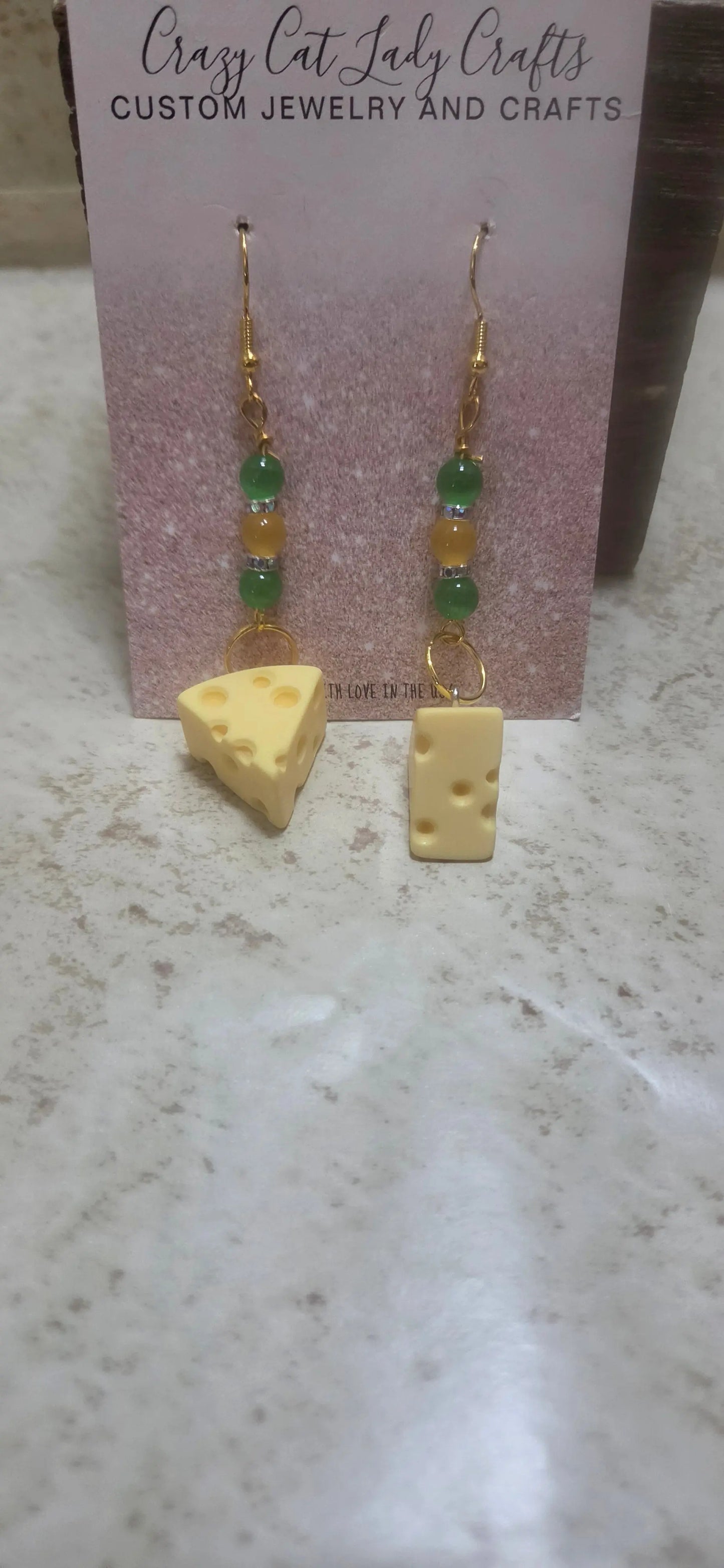 Green and gold cheese earrings - Crazy Cat Lady Crafts