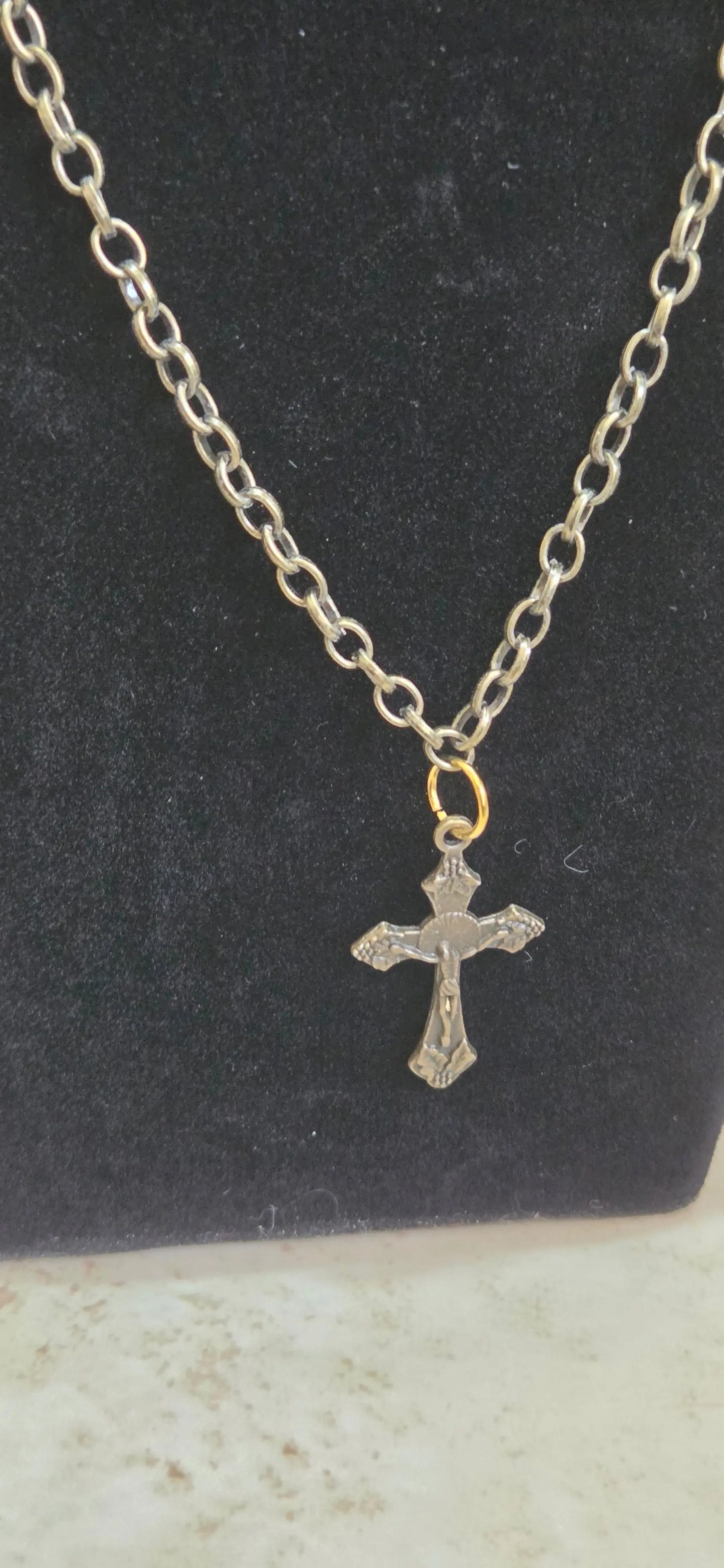Bronze crucifix on bronze chain and gold magnetic closer pendant necklace - Crazy Cat Lady Crafts