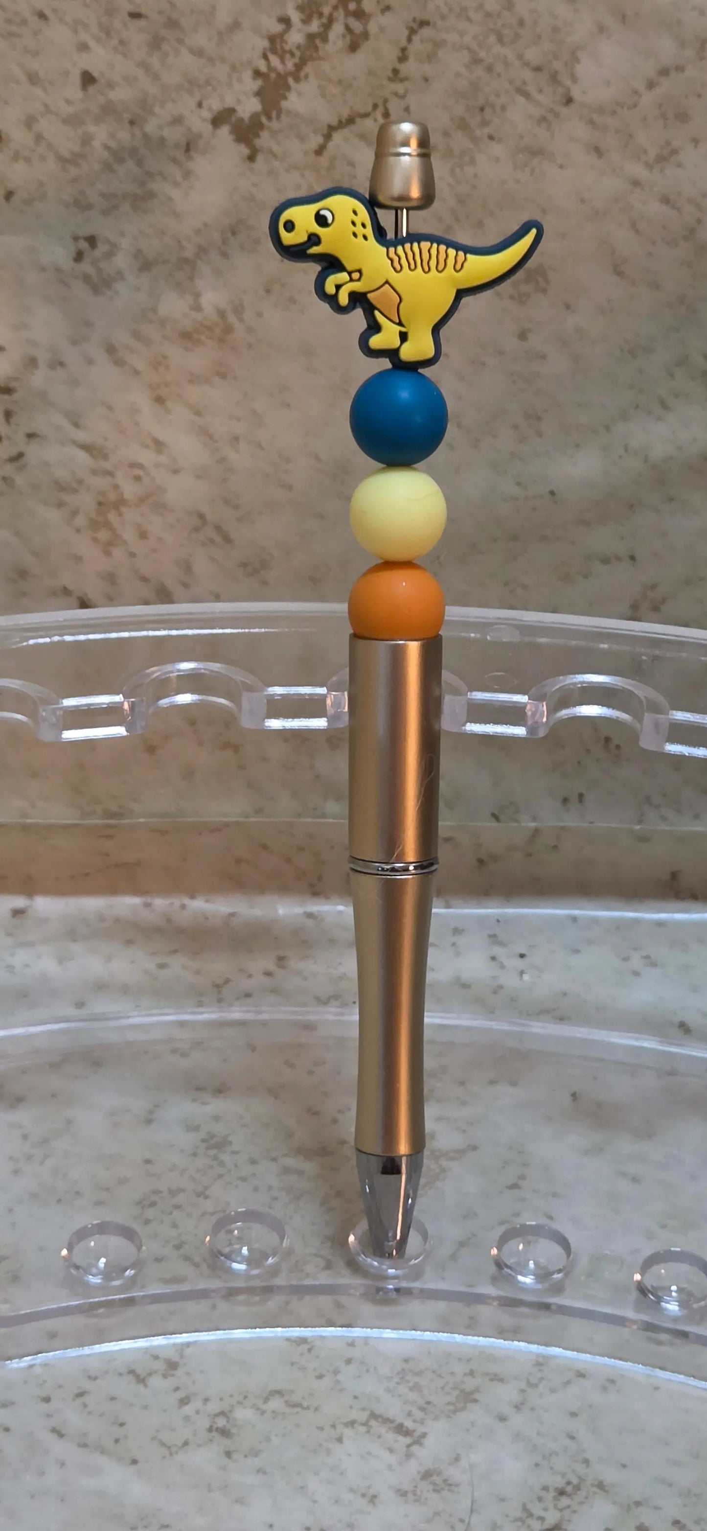 Yellow teal and orange dinosaur pen - Crazy Cat Lady Crafts