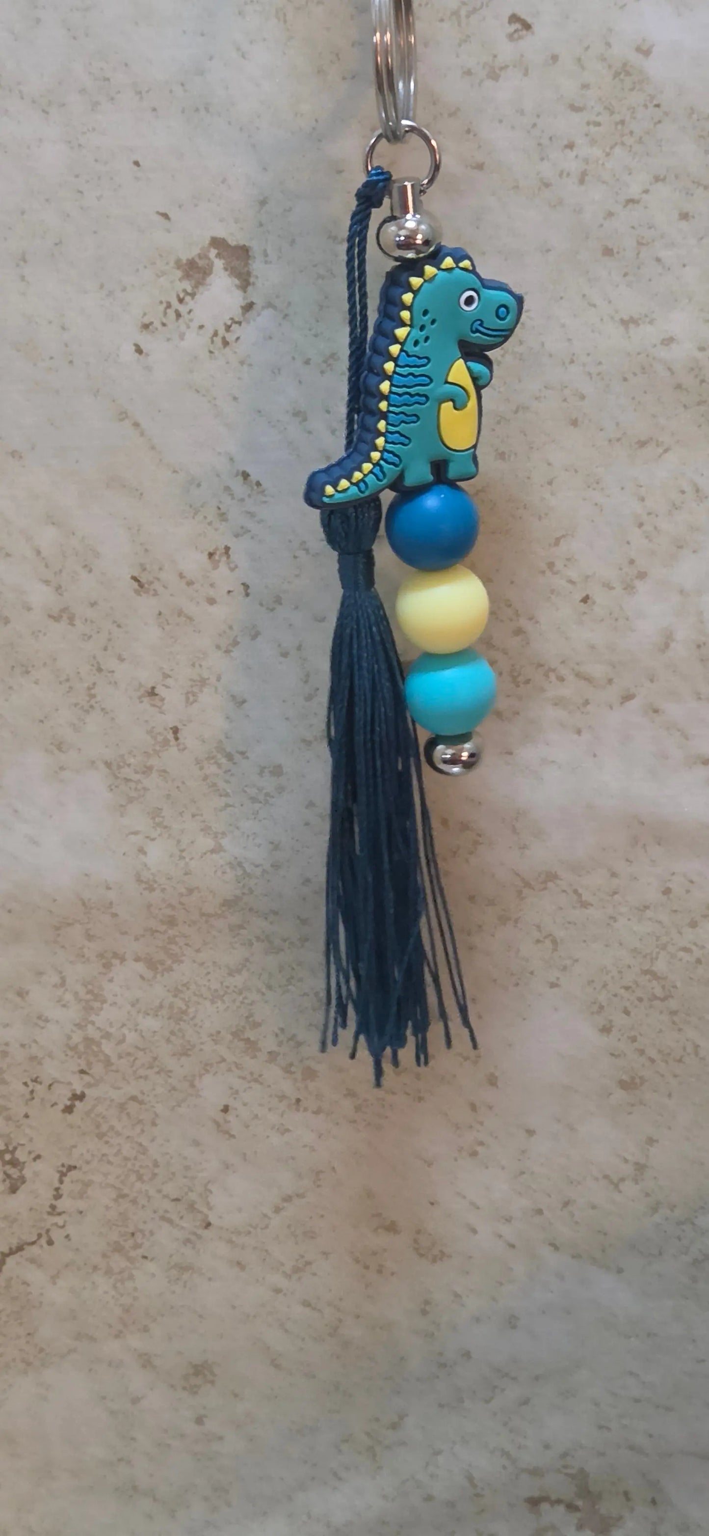 Cartoon dinosaur bag tag or key chain in teals and yellow - Crazy Cat Lady Crafts