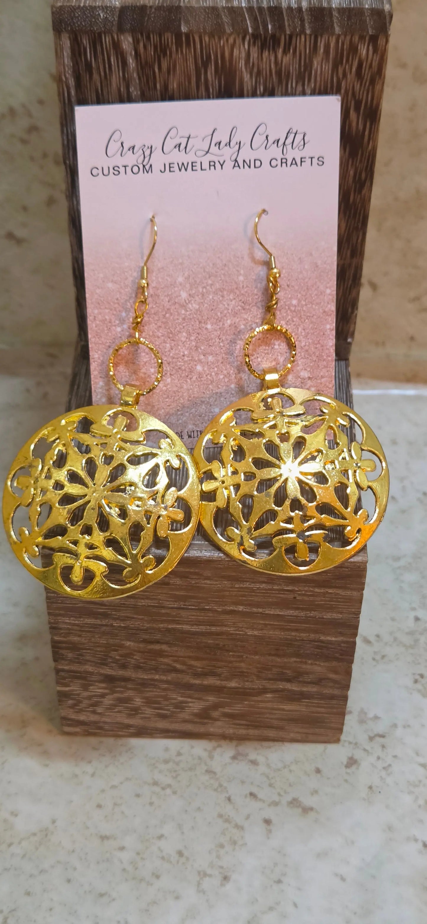 2 inch round Ornate gold earrings - Crazy Cat Lady Crafts