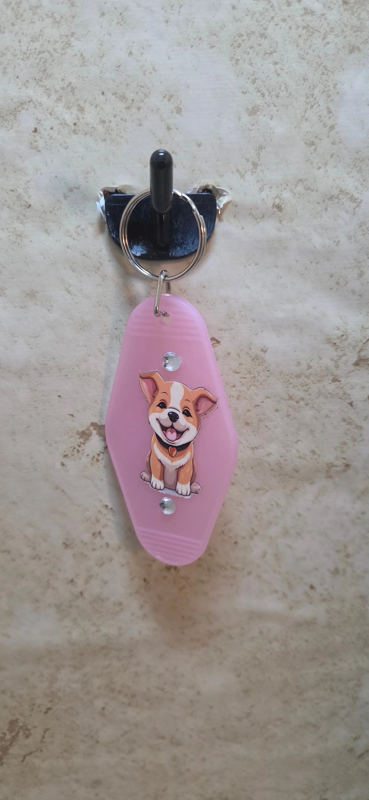 Pink hotel key replica chain with a corkie puppy on it - Crazy Cat Lady Crafts