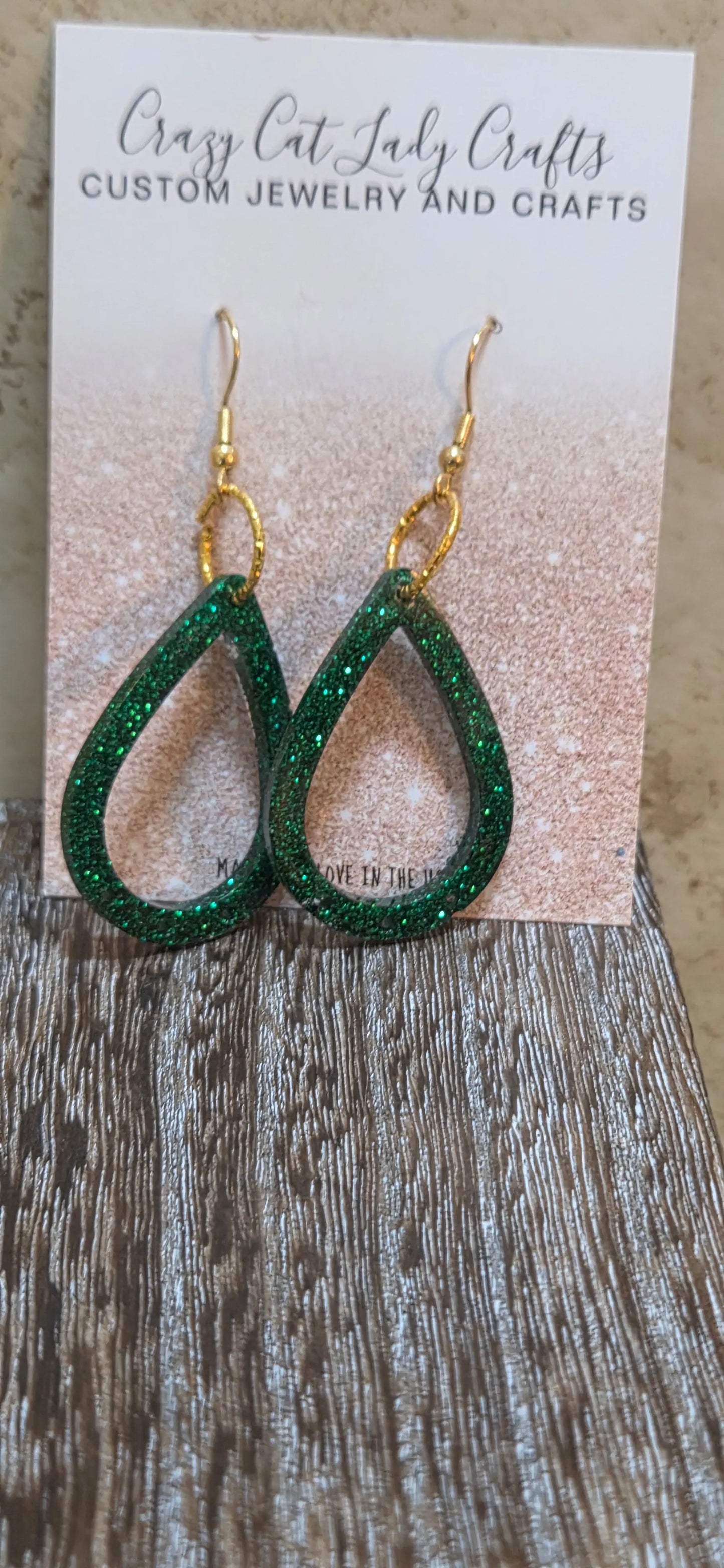 Green sparkly teardrop resin earrings - Crazy Cat Lady Crafts