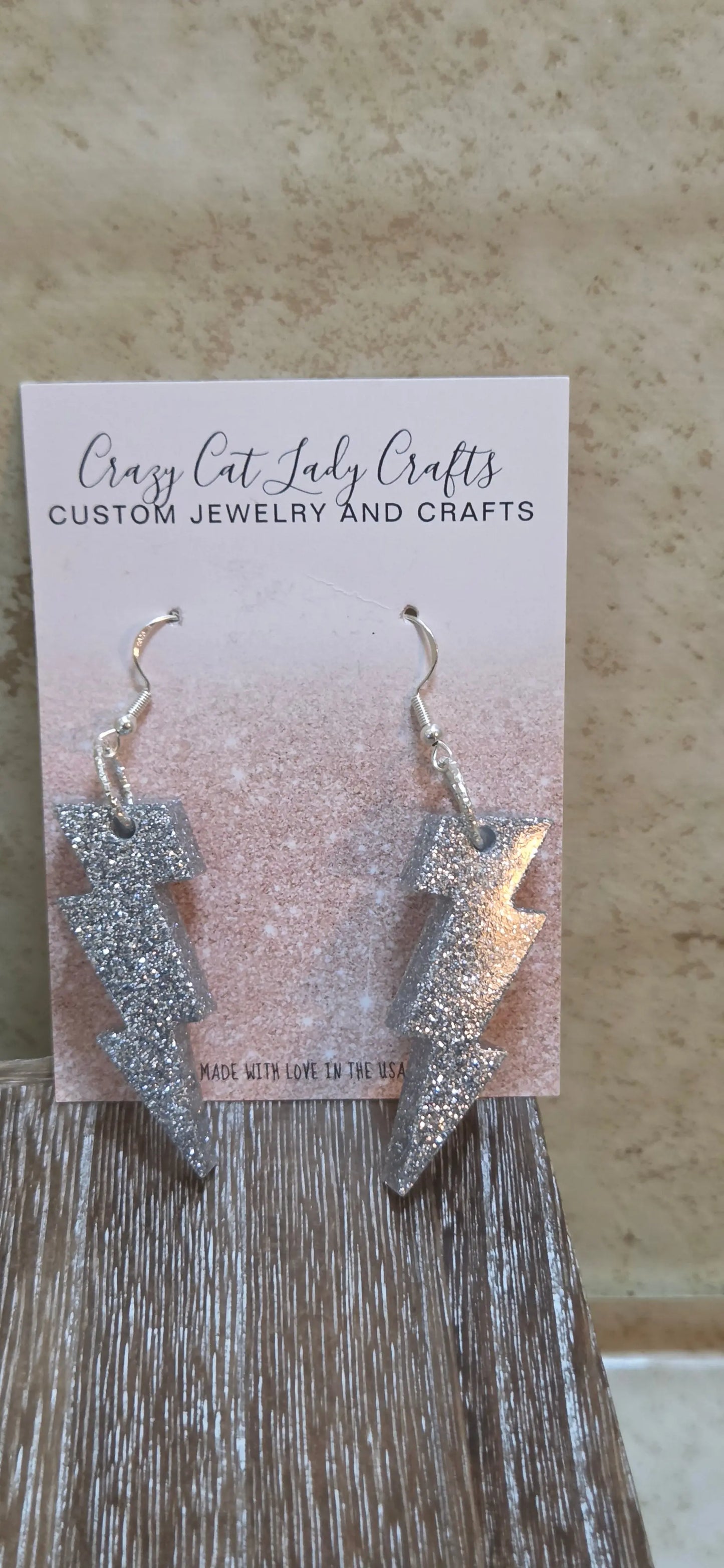 Silver sparkly 2 inch long lighting bolt earrings - Crazy Cat Lady Crafts