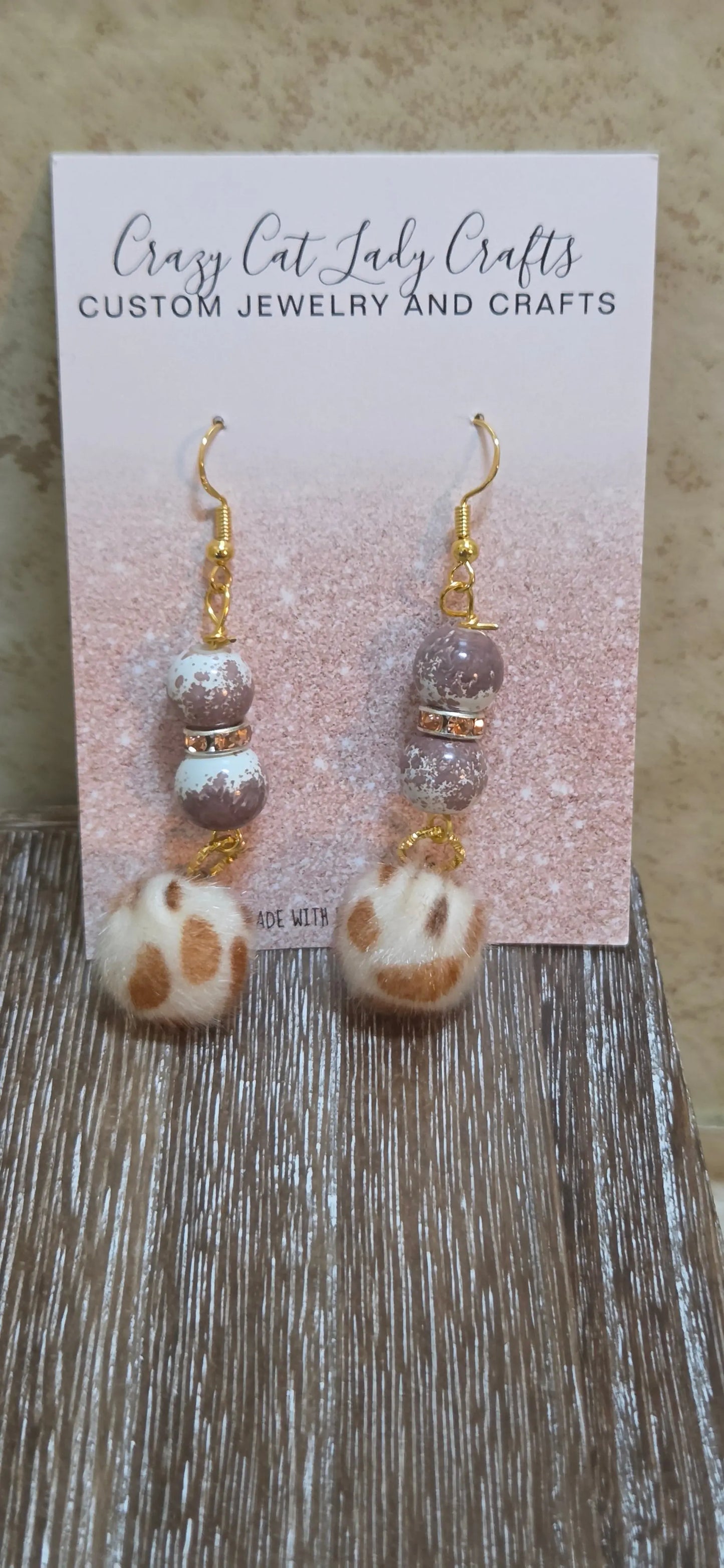 Tan and white fuzzy ball earrings - Crazy Cat Lady Crafts