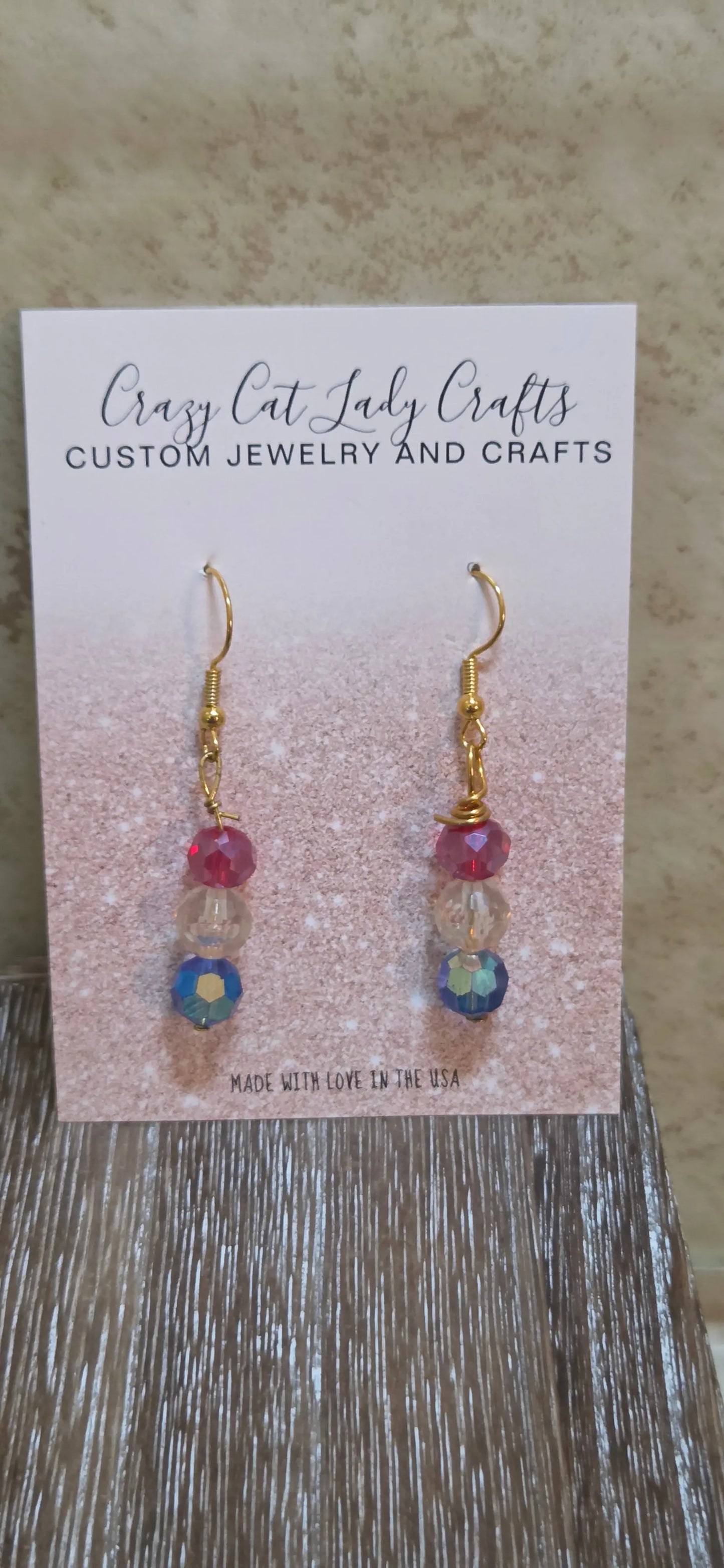Faceted red and white and blue earrings - Crazy Cat Lady Crafts
