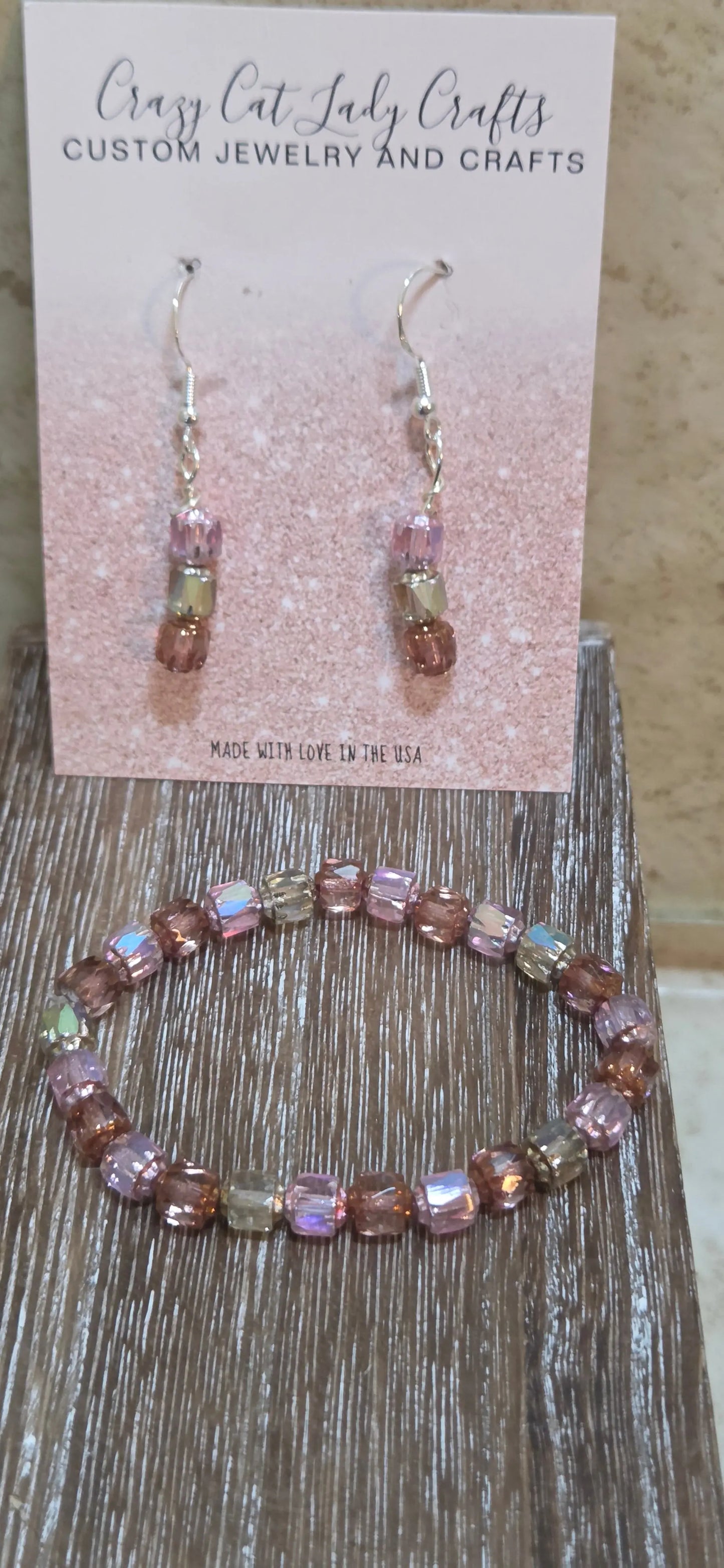 Pink and clear cathedral beaded 2 size 7.5 stretchy bracelet and earrings 2 PC earrings set - Crazy Cat Lady Crafts