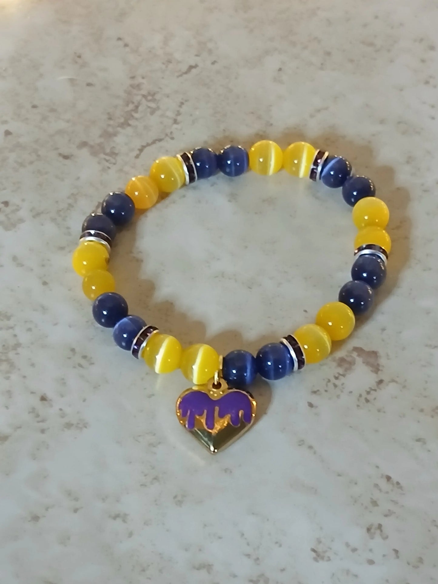 Purple and gold heart beaded stretchy bracelet - Crazy Cat Lady Crafts