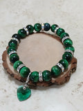 Green Tiger eye stretchy bracelet with see thru green heart charm large size - Crazy Cat Lady Crafts
