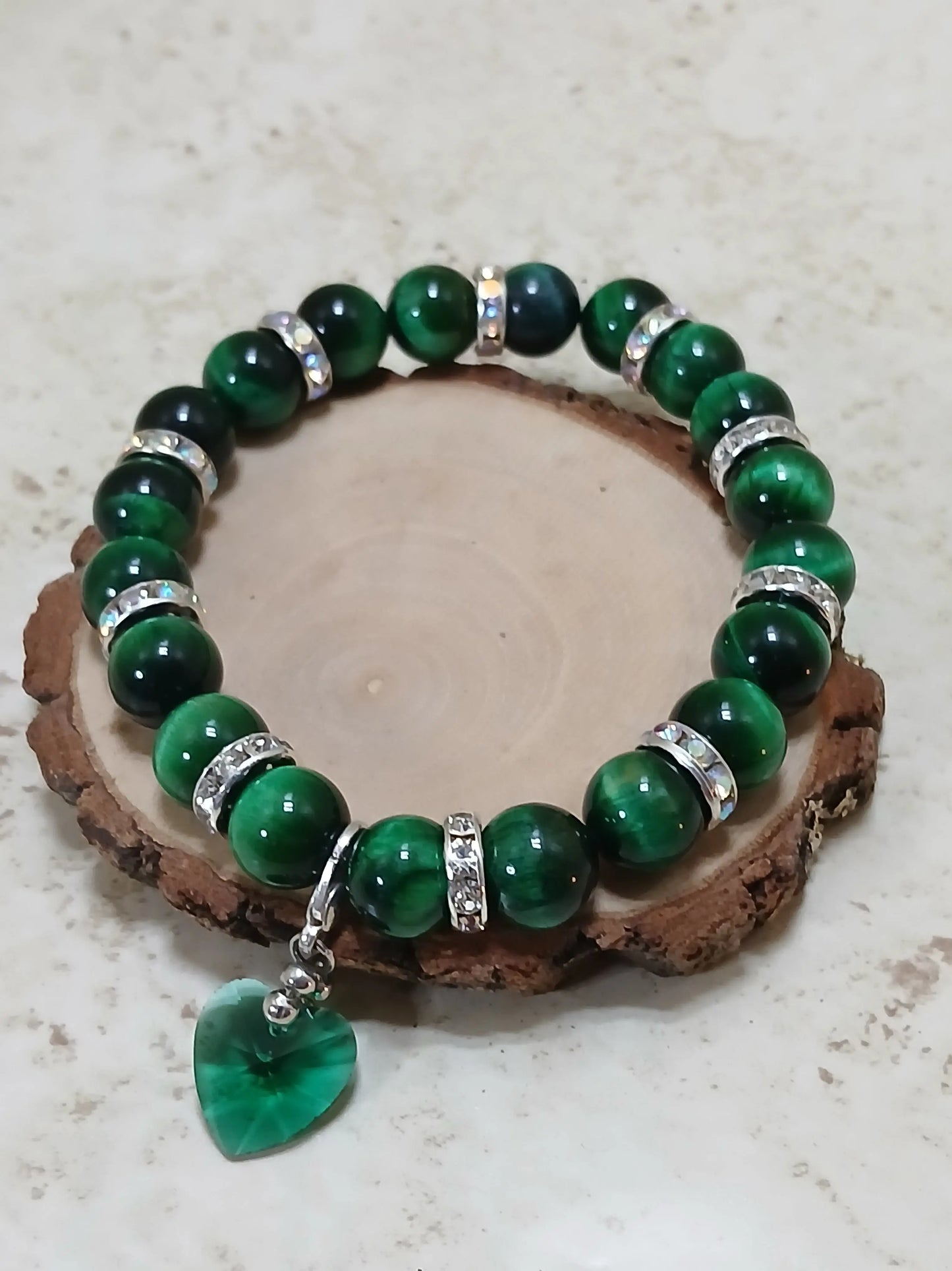 Green Tiger eye stretchy bracelet with see thru green heart charm large size - Crazy Cat Lady Crafts