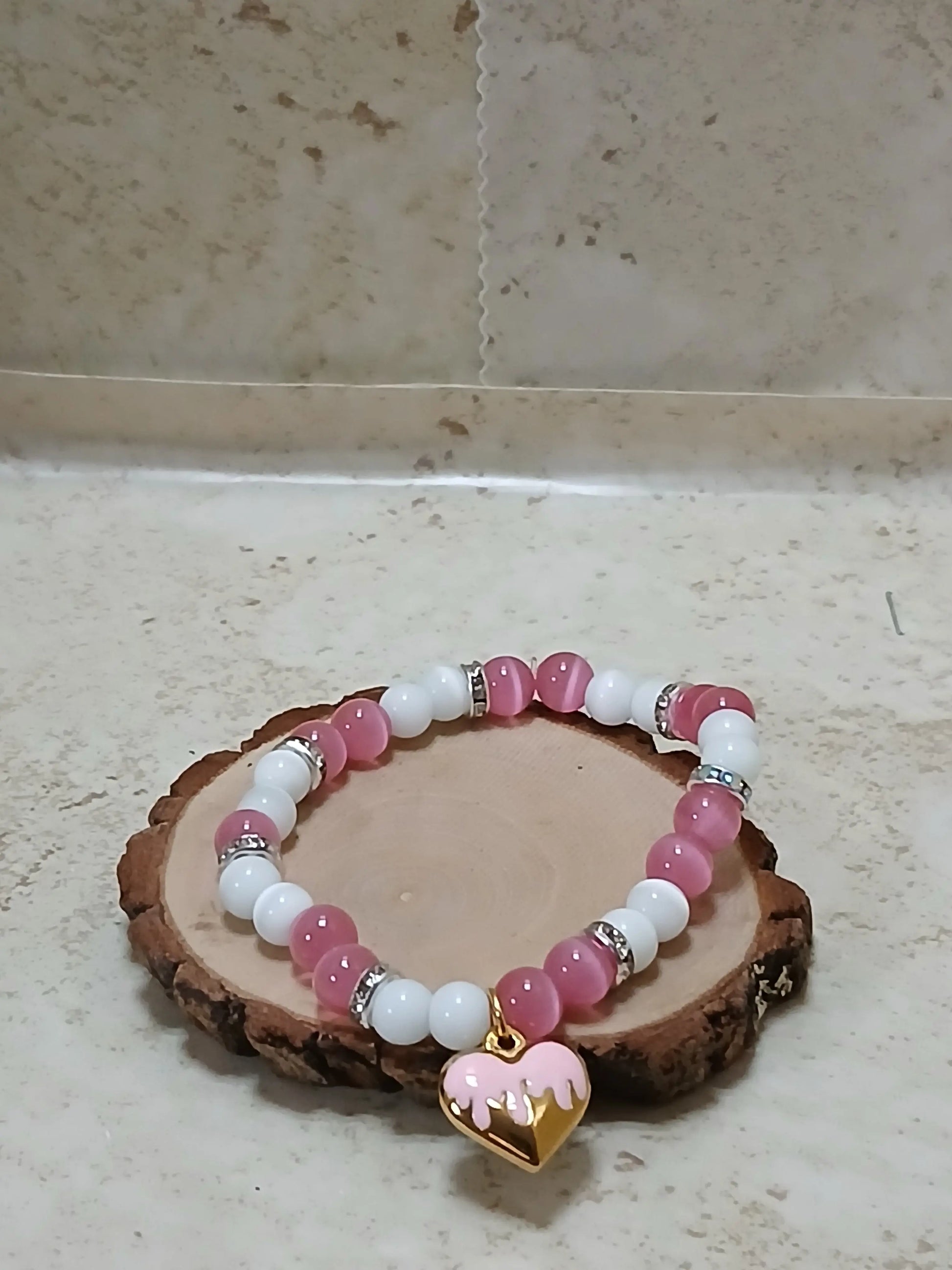 White and pink beaded stretchy bracelet with a gold and pink heart charm - Crazy Cat Lady Crafts