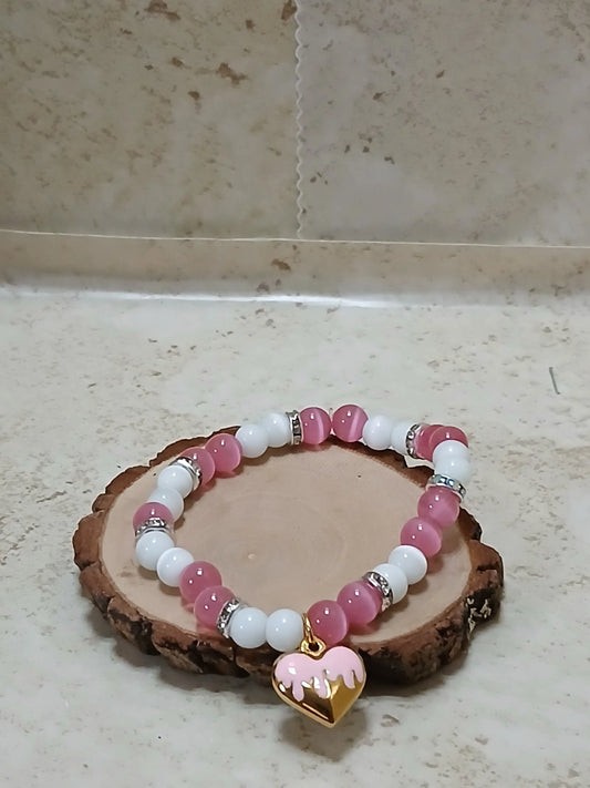 White and pink beaded stretchy bracelet with a gold and pink heart charm - Crazy Cat Lady Crafts