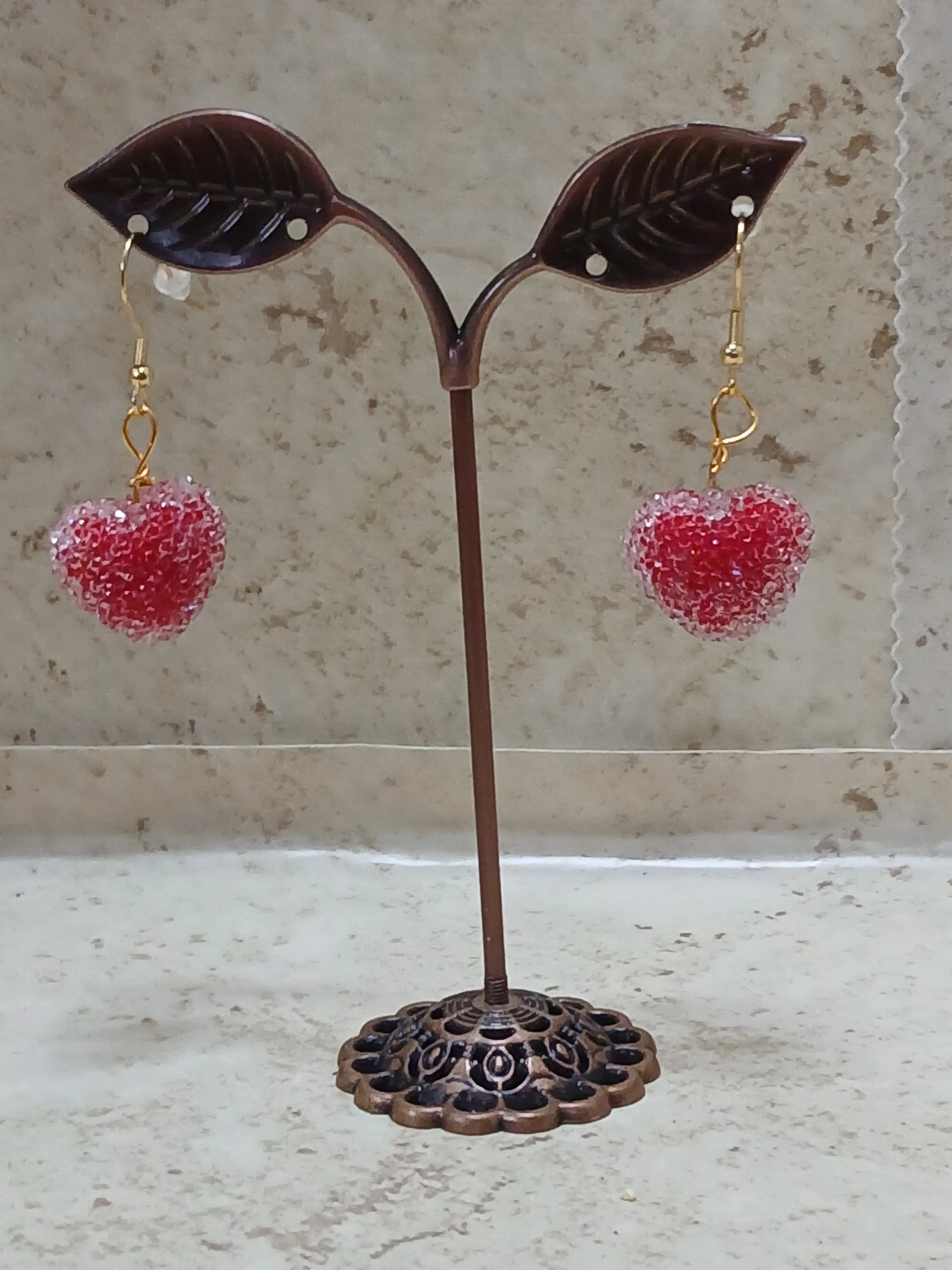 Red sparkly heart dangle earrings - Crazy Cat Lady Crafts