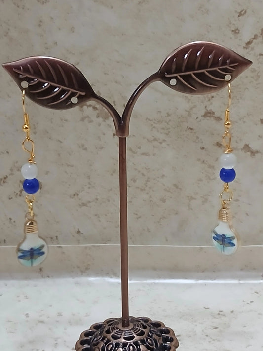Painted dragonfly dangle earrings done in blues on white with gold hardware - Crazy Cat Lady Crafts
