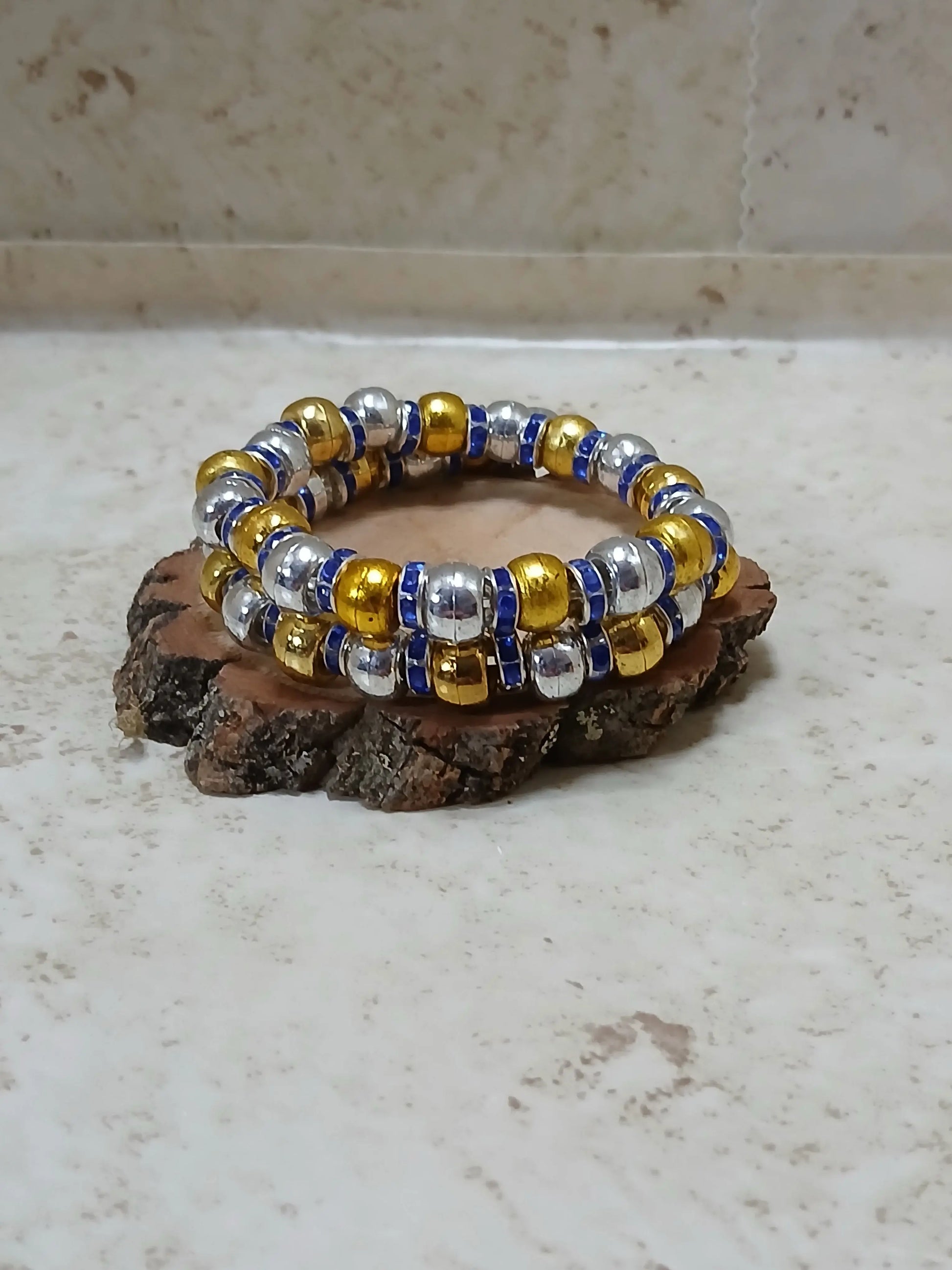 Lightweight double bracelet in gold and silver with royal blue rhinestone spacers - Crazy Cat Lady Crafts