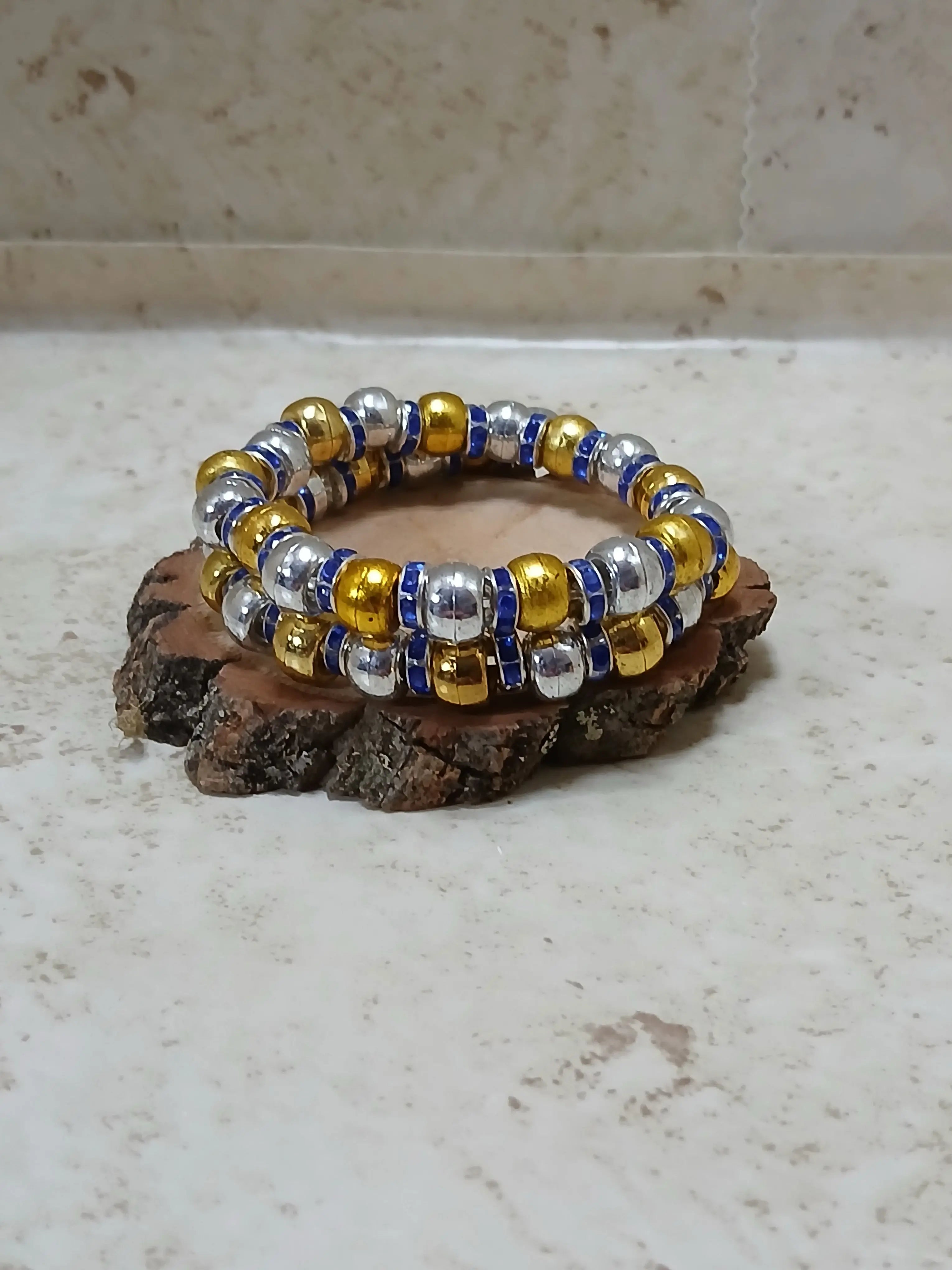Lightweight double bracelet in gold and silver with royal blue rhinestone spacers - Crazy Cat Lady Crafts