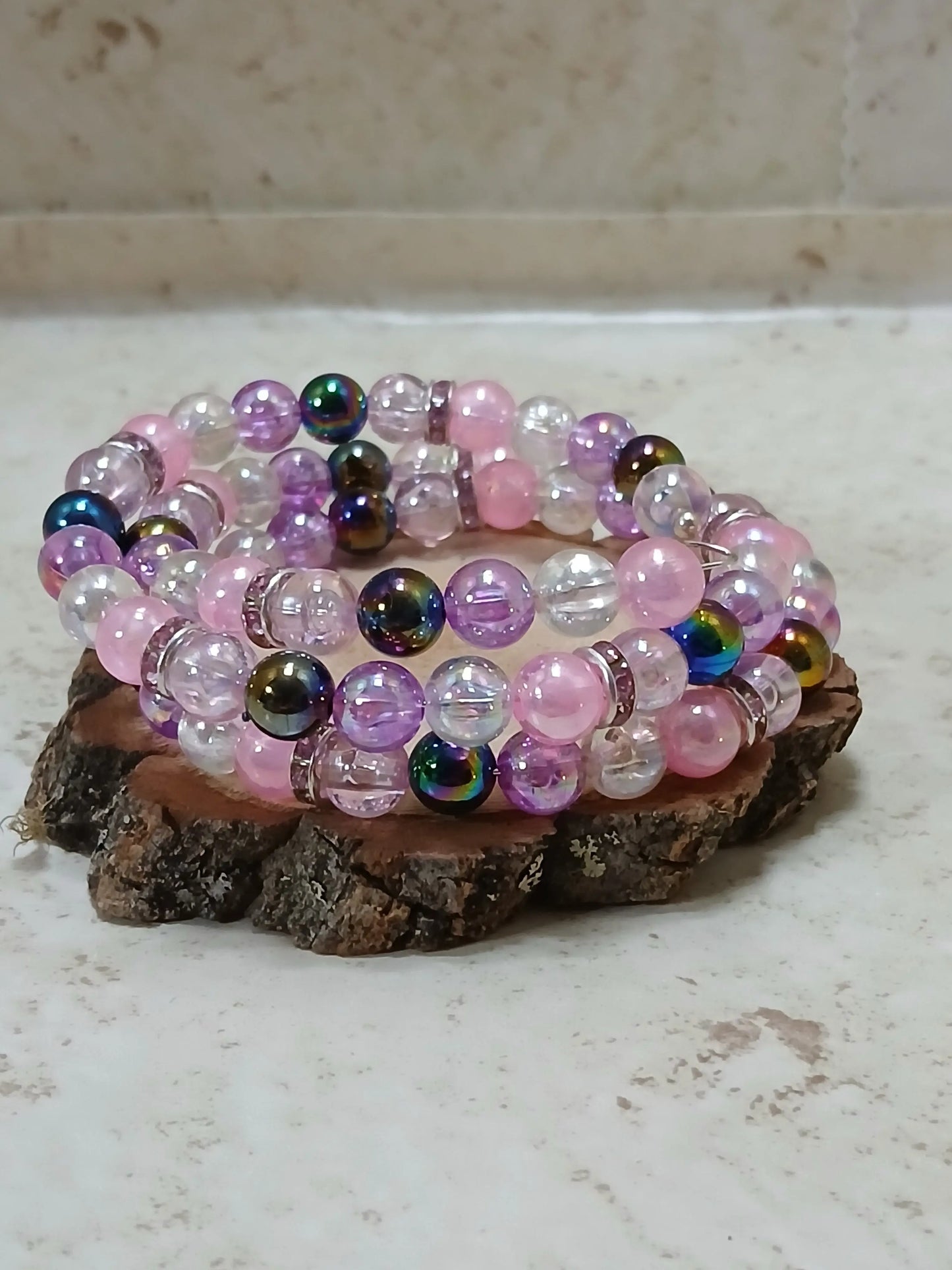 Iridescent purple pink white and black beaded double bracelet - Crazy Cat Lady Crafts