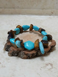 Bulky gemstone stretch bracelet in brown tiger eye and howlite dyed blue - Crazy Cat Lady Crafts