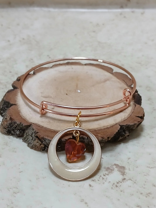Rose gold adjustable bangle bracelet with round charm with white on the edge and a orange heart inmiddle - Crazy Cat Lady Crafts