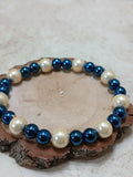 Magnetic stretchy bracelet in metallic blue and pearl white - Crazy Cat Lady Crafts