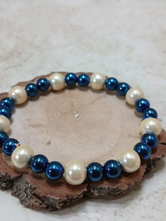 Magnetic stretchy bracelet in metallic blue and pearl white - Crazy Cat Lady Crafts