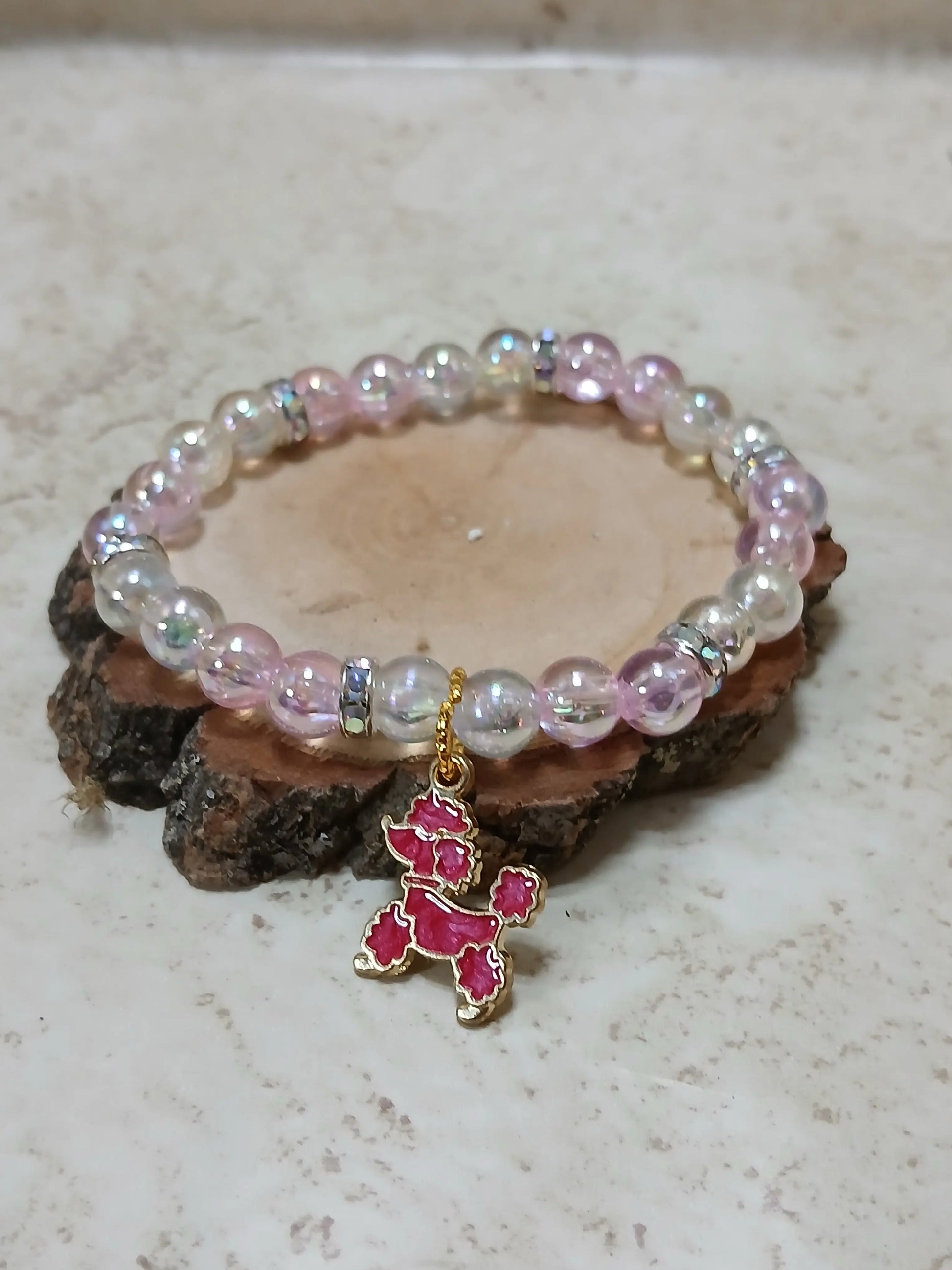 Pink and white poodle stretchy braclet - Crazy Cat Lady Crafts