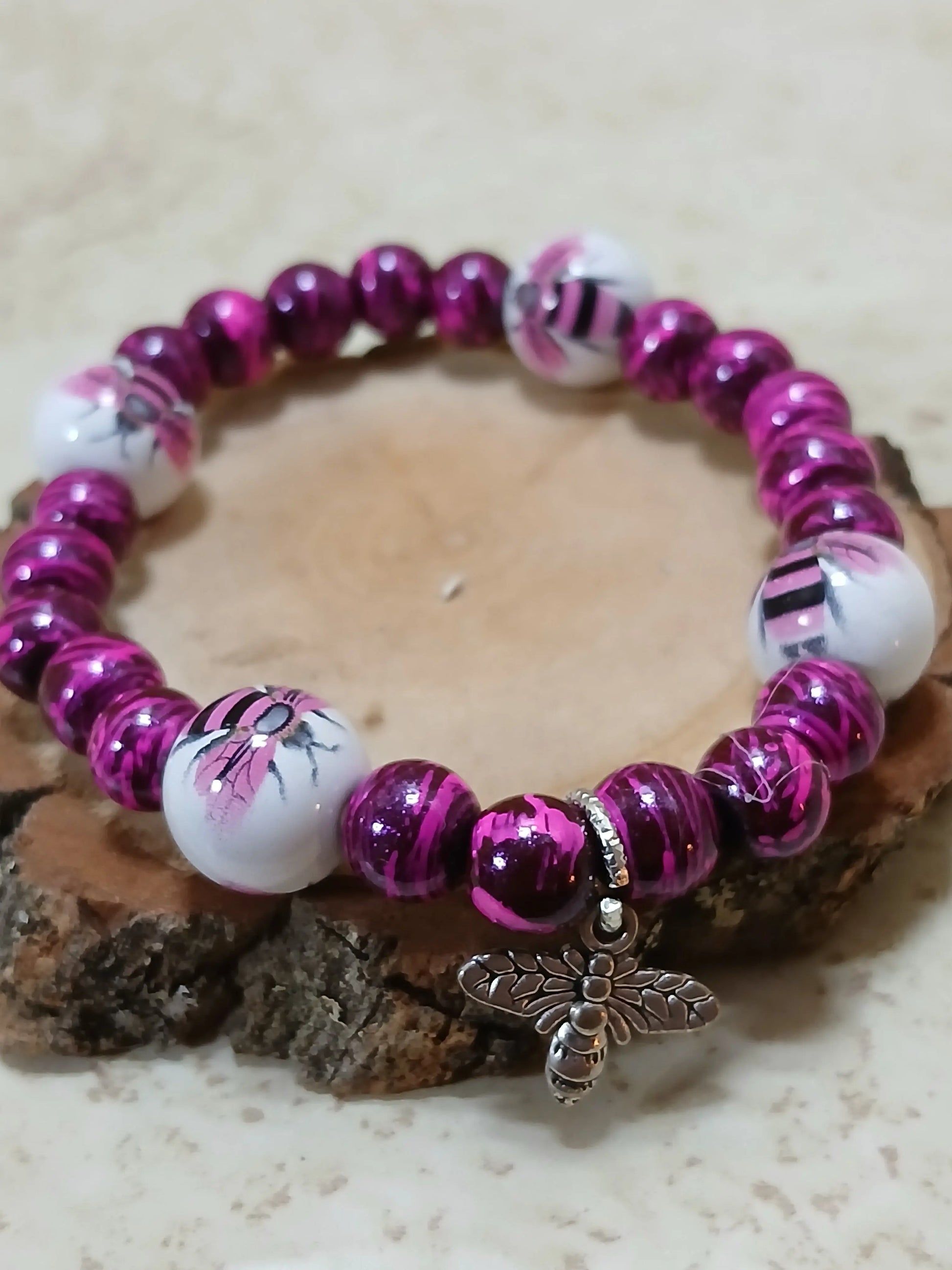 Black pink and white bee stretchy bracelet - Crazy Cat Lady Crafts