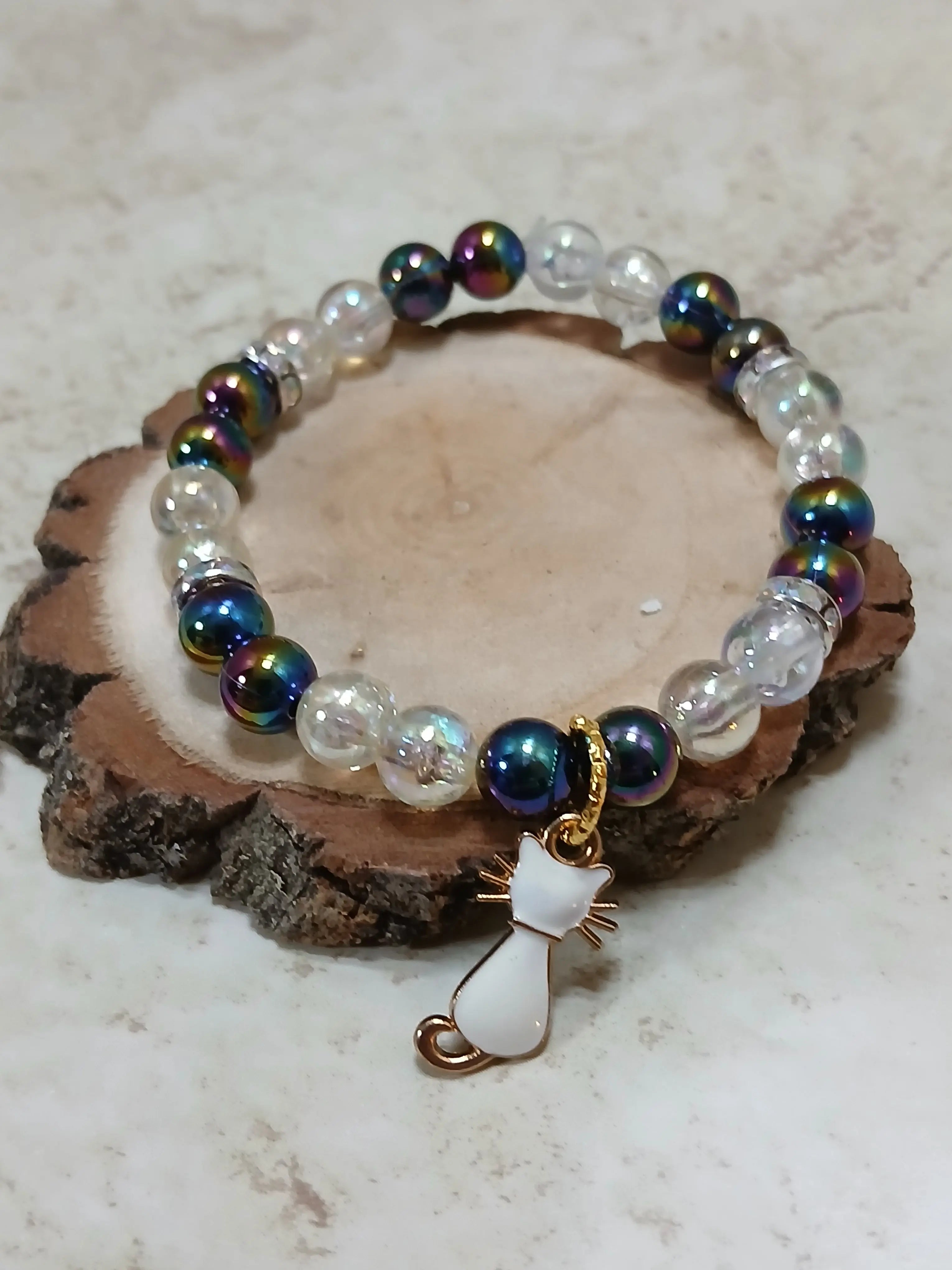 Black and white iridescent beaded stretchy bracelet with white cat charm - Crazy Cat Lady Crafts