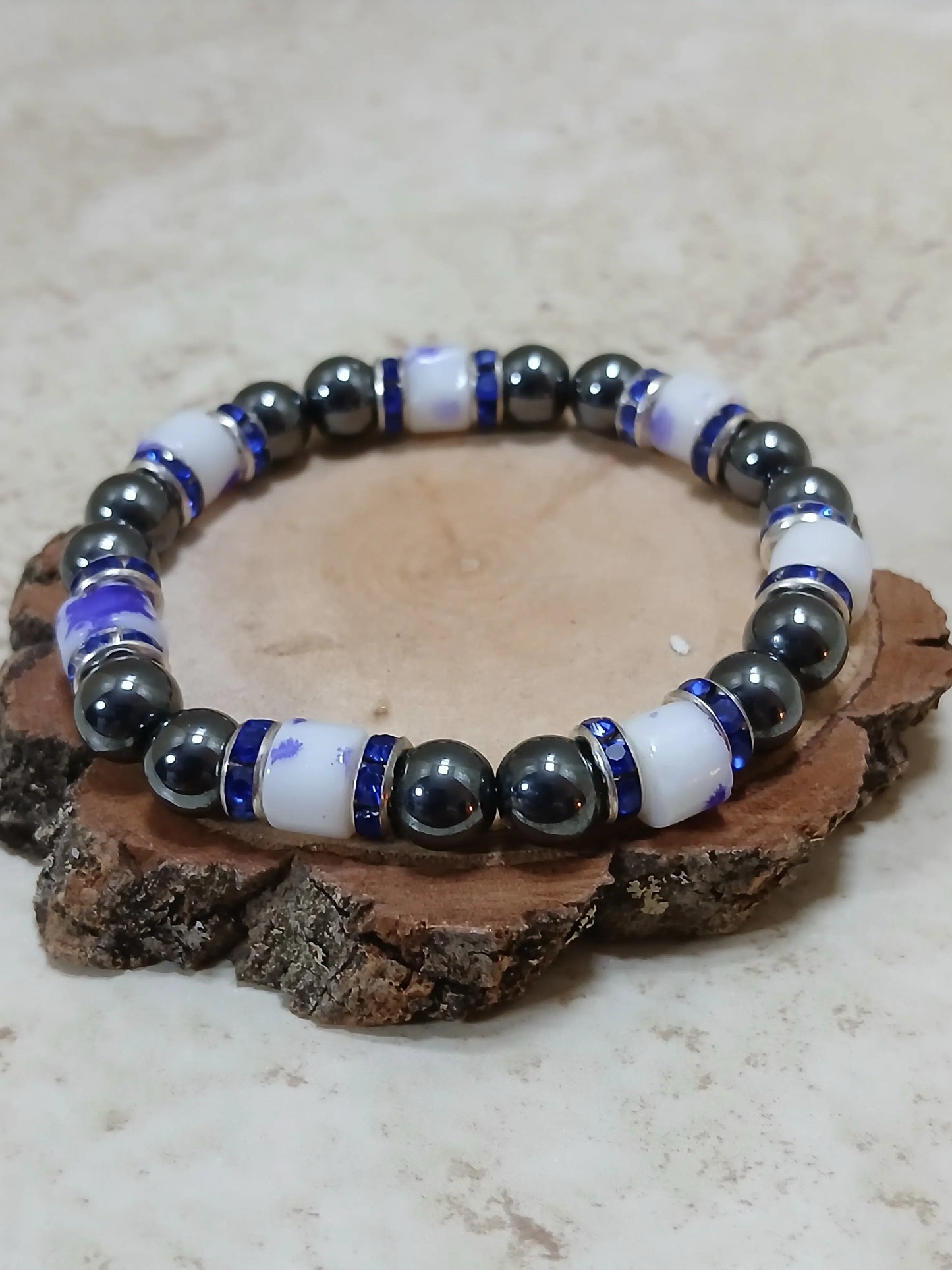 Black hematite and royal blue stretchy bracelet - Crazy Cat Lady Crafts