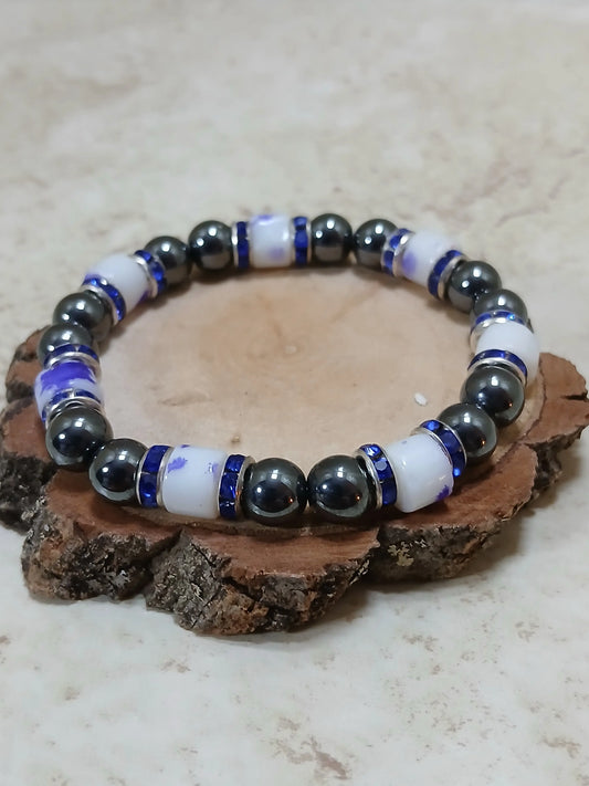 Black hematite and royal blue stretchy bracelet - Crazy Cat Lady Crafts