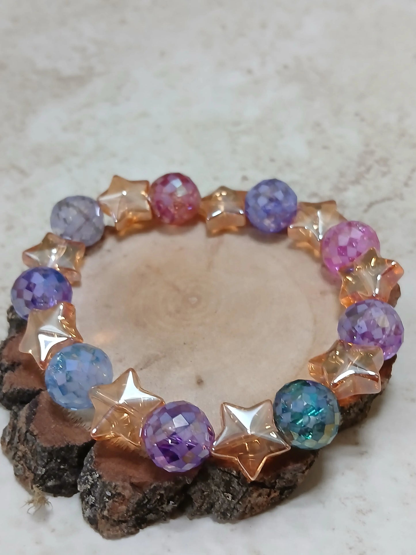 Large multi color star and round beaded stretchy bracelet - Crazy Cat Lady Crafts