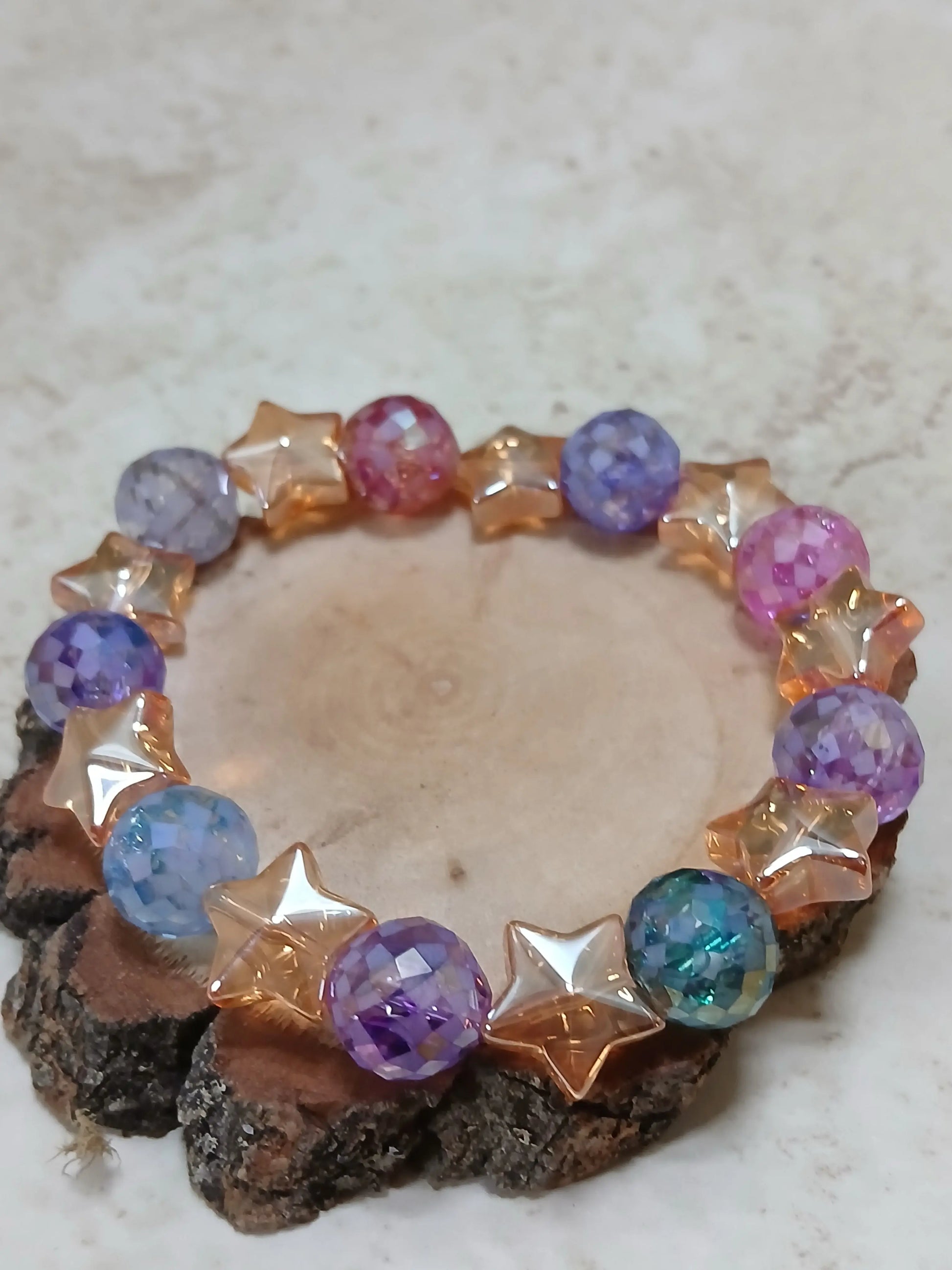 Large multi color star and round beaded stretchy bracelet - Crazy Cat Lady Crafts