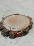 Silver adjustable bangle bracelet with small red heart charm - Crazy Cat Lady Crafts